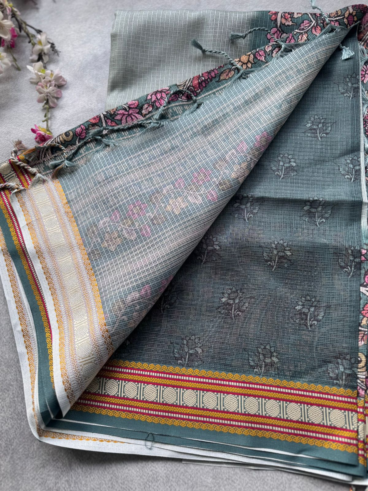 Pastel Green Kalamkari Jute Linen Saree 109