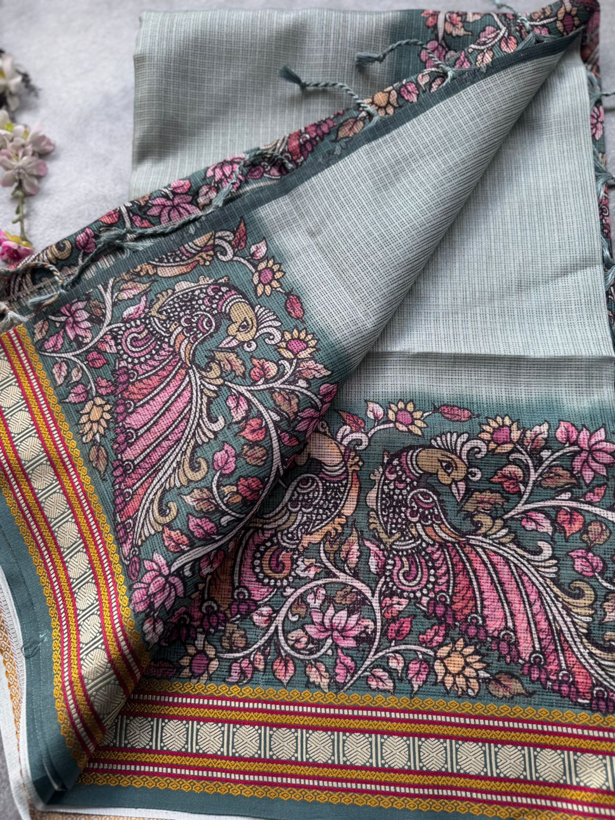 Pastel Green Kalamkari Jute Linen Saree 109
