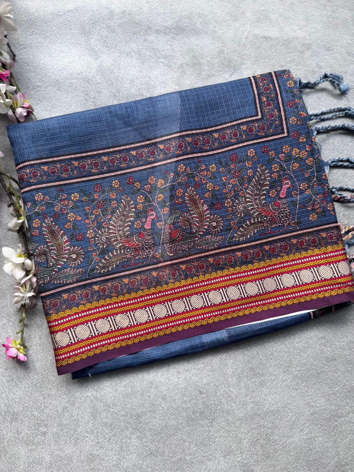 Blue Kalamkari Jute Linen Saree 109