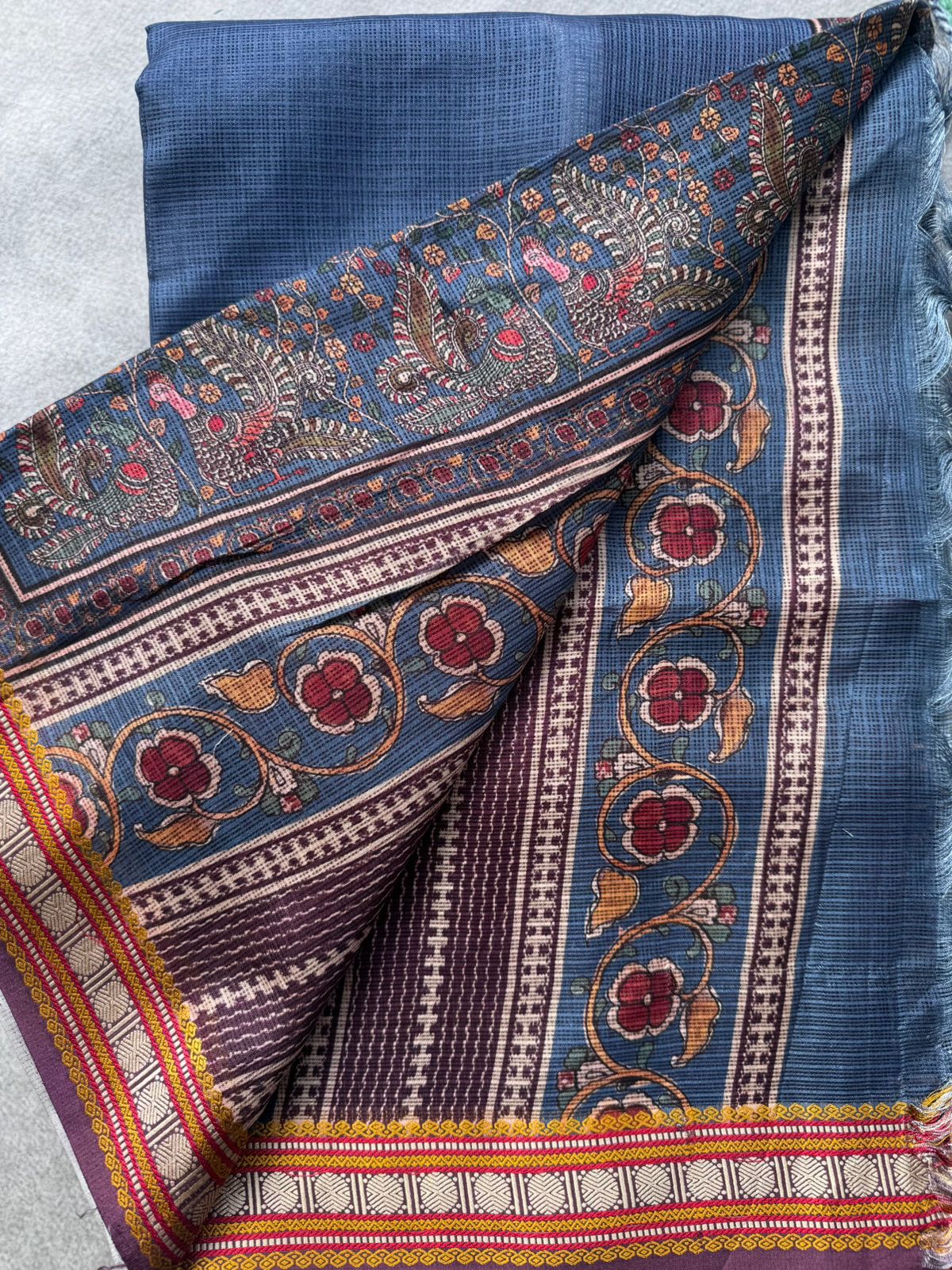 Blue Kalamkari Jute Linen Saree 109