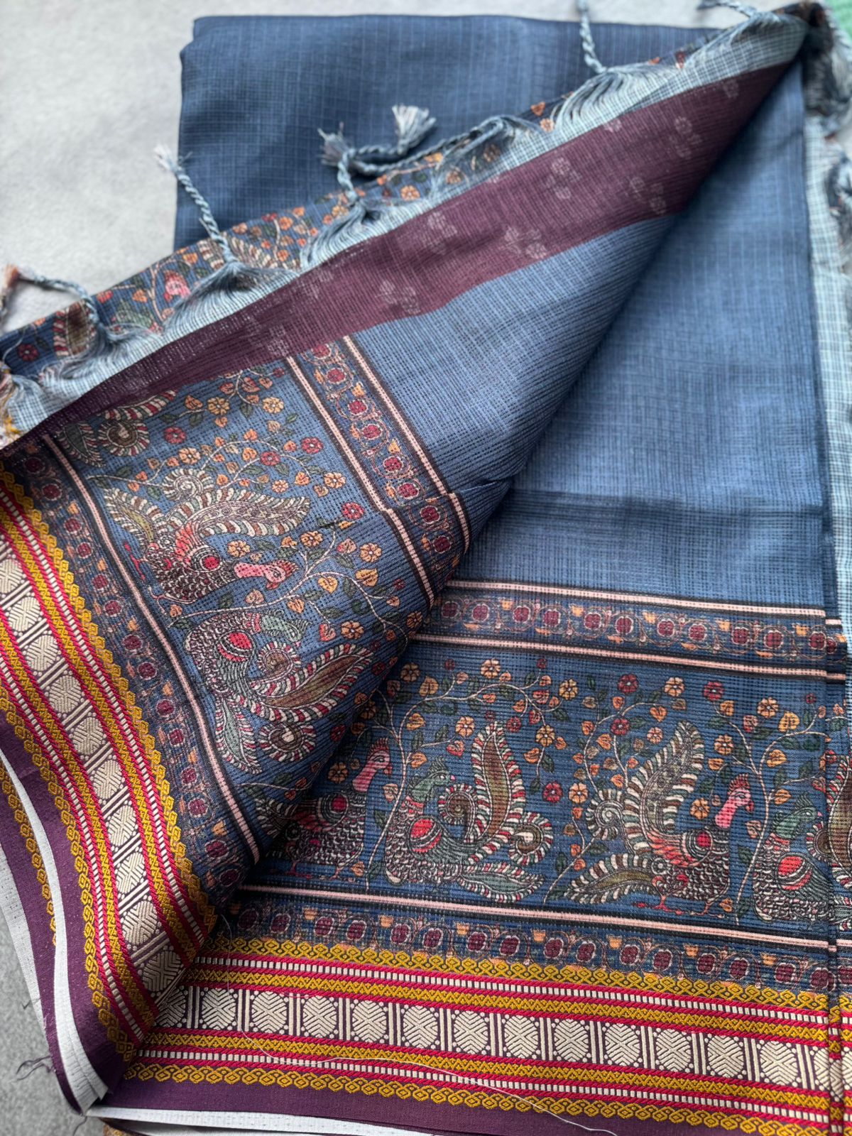 Blue Kalamkari Jute Linen Saree 109