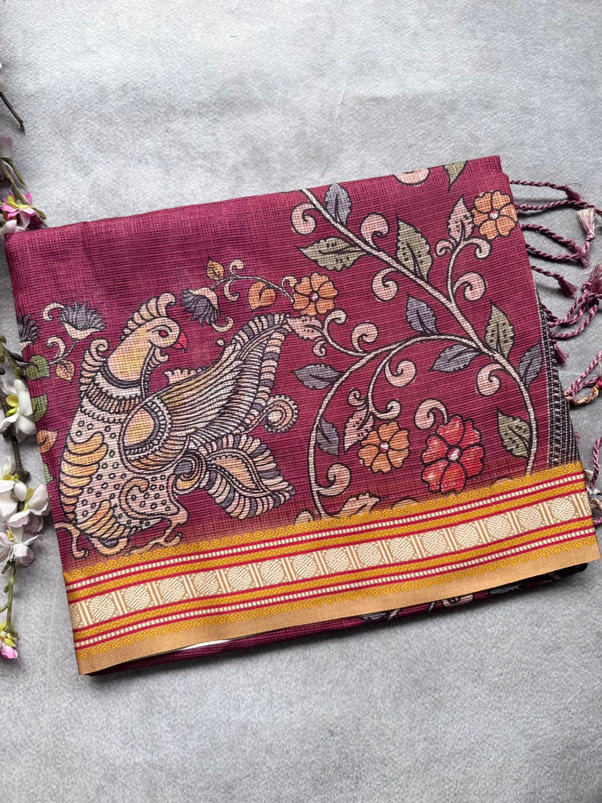 Maroon Kalamkari Jute Linen Saree 109