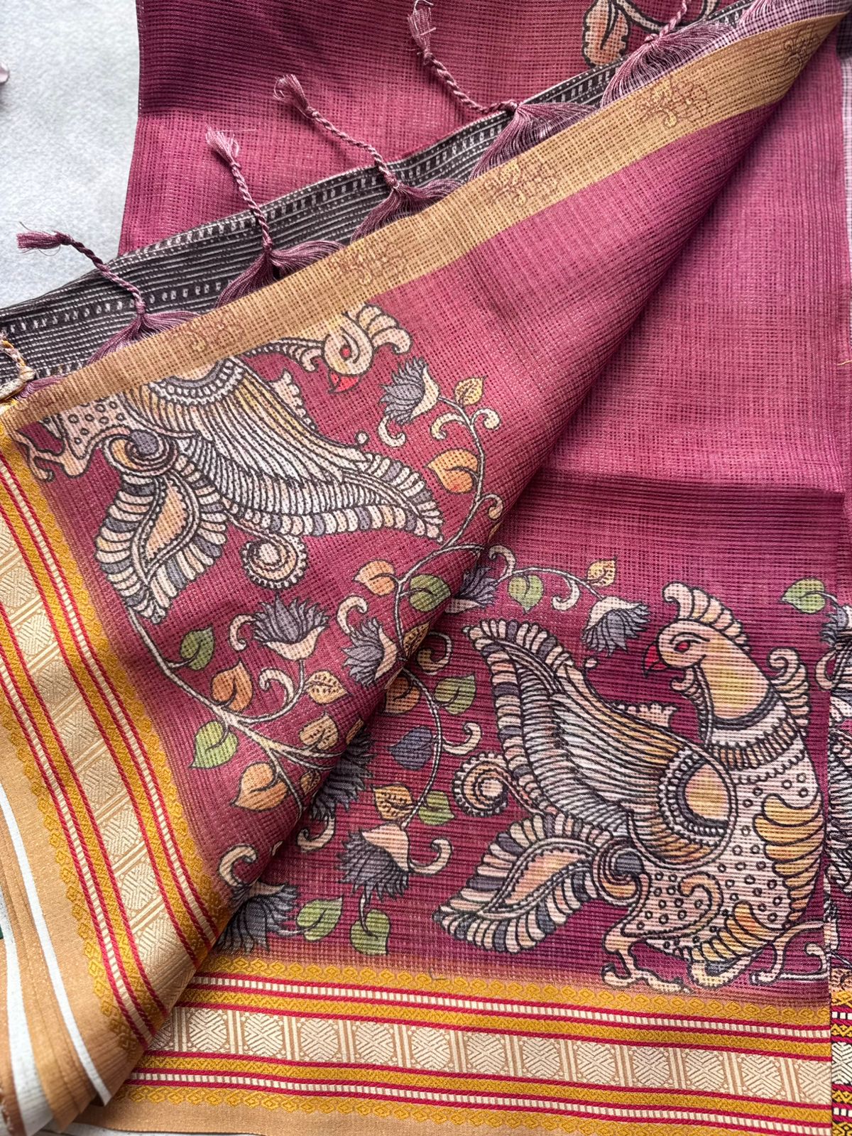 Maroon Kalamkari Jute Linen Saree 109