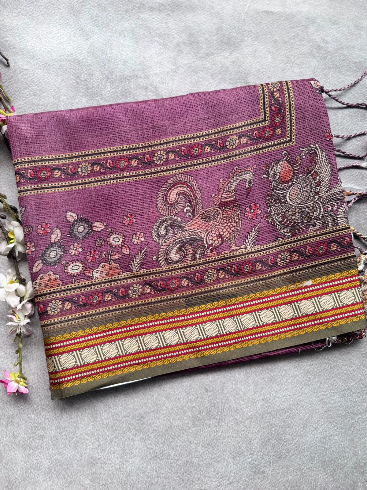 Mauve Kalamkari Jute Linen Saree 109