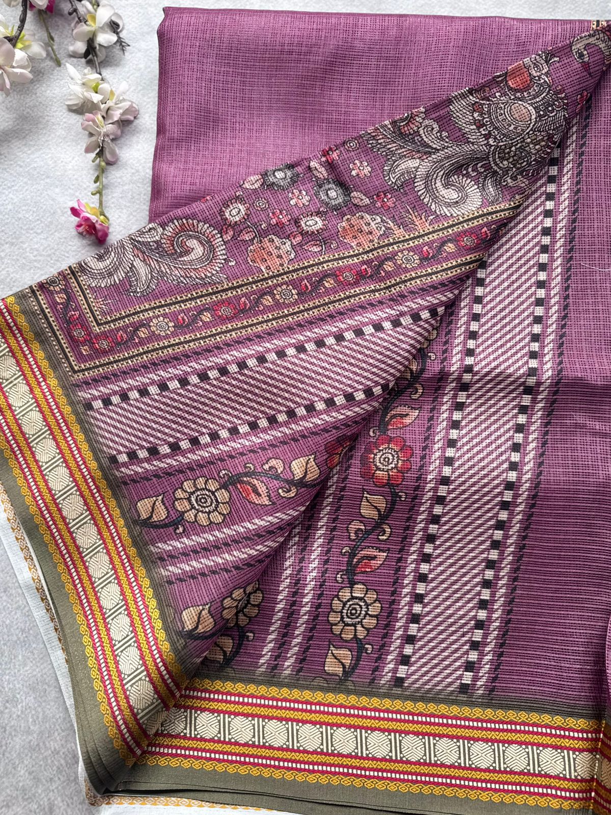 Mauve Kalamkari Jute Linen Saree 109
