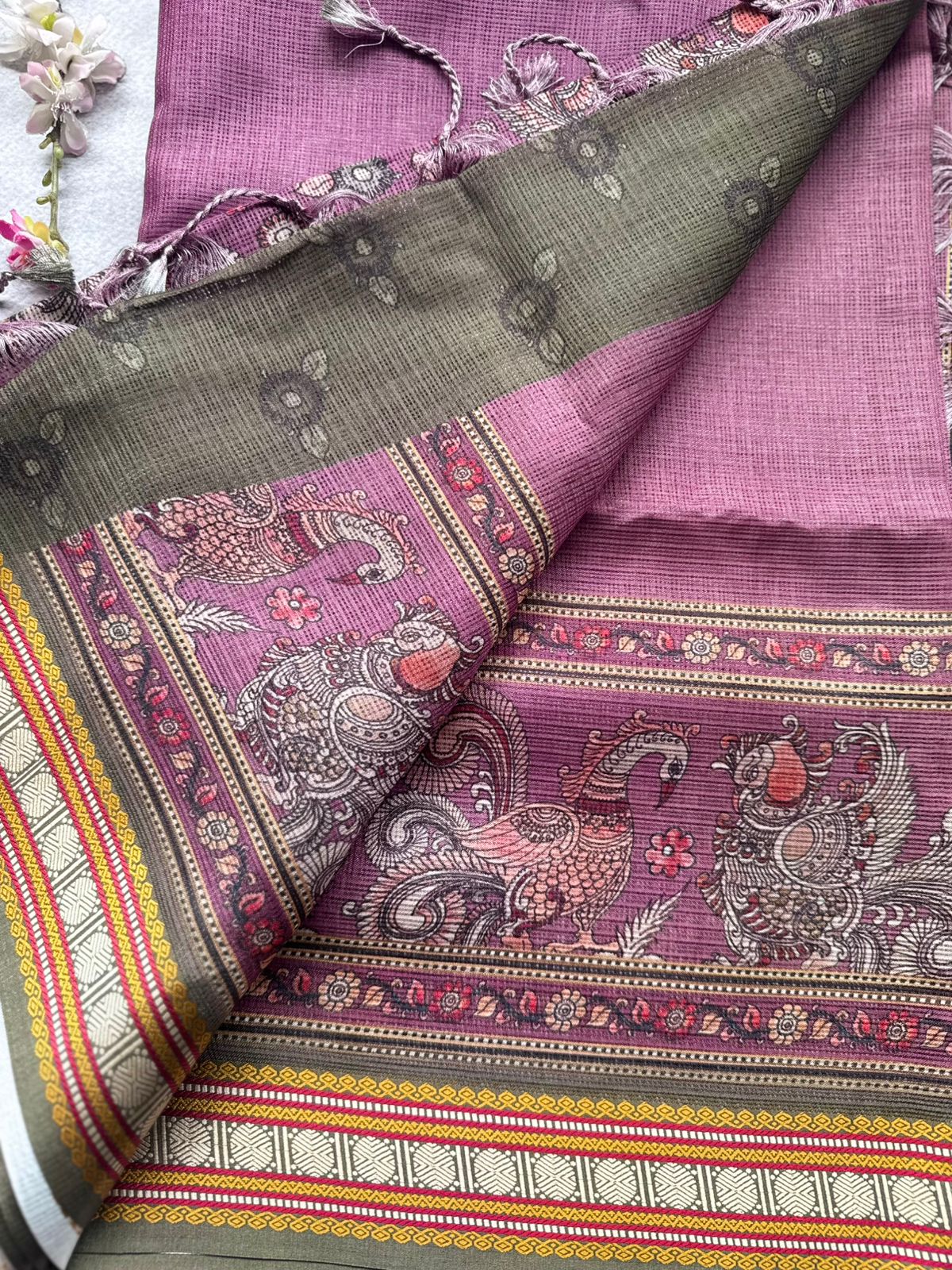Mauve Kalamkari Jute Linen Saree 109