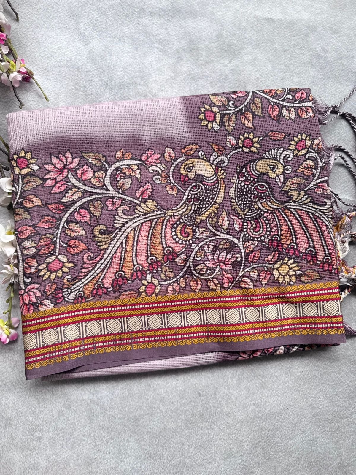 White Lilac Kalamkari Jute Linen Saree 109