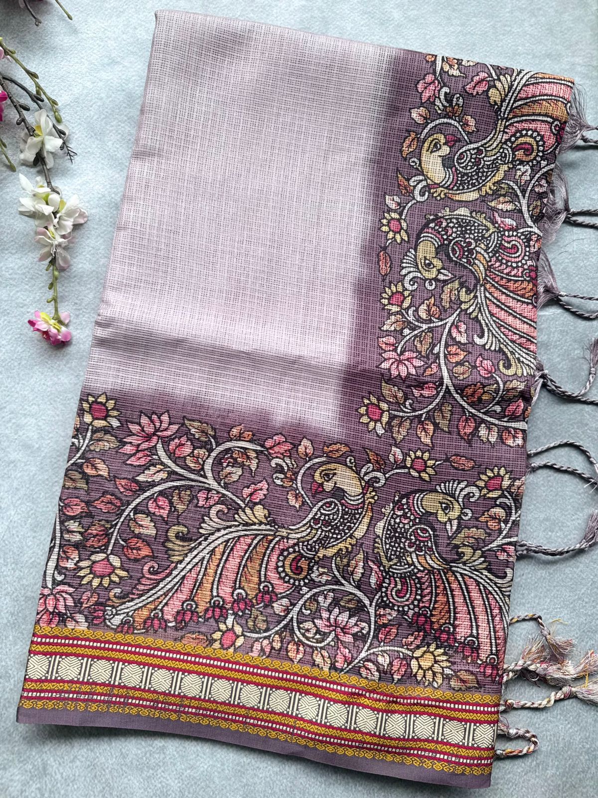 White Lilac Kalamkari Jute Linen Saree 109