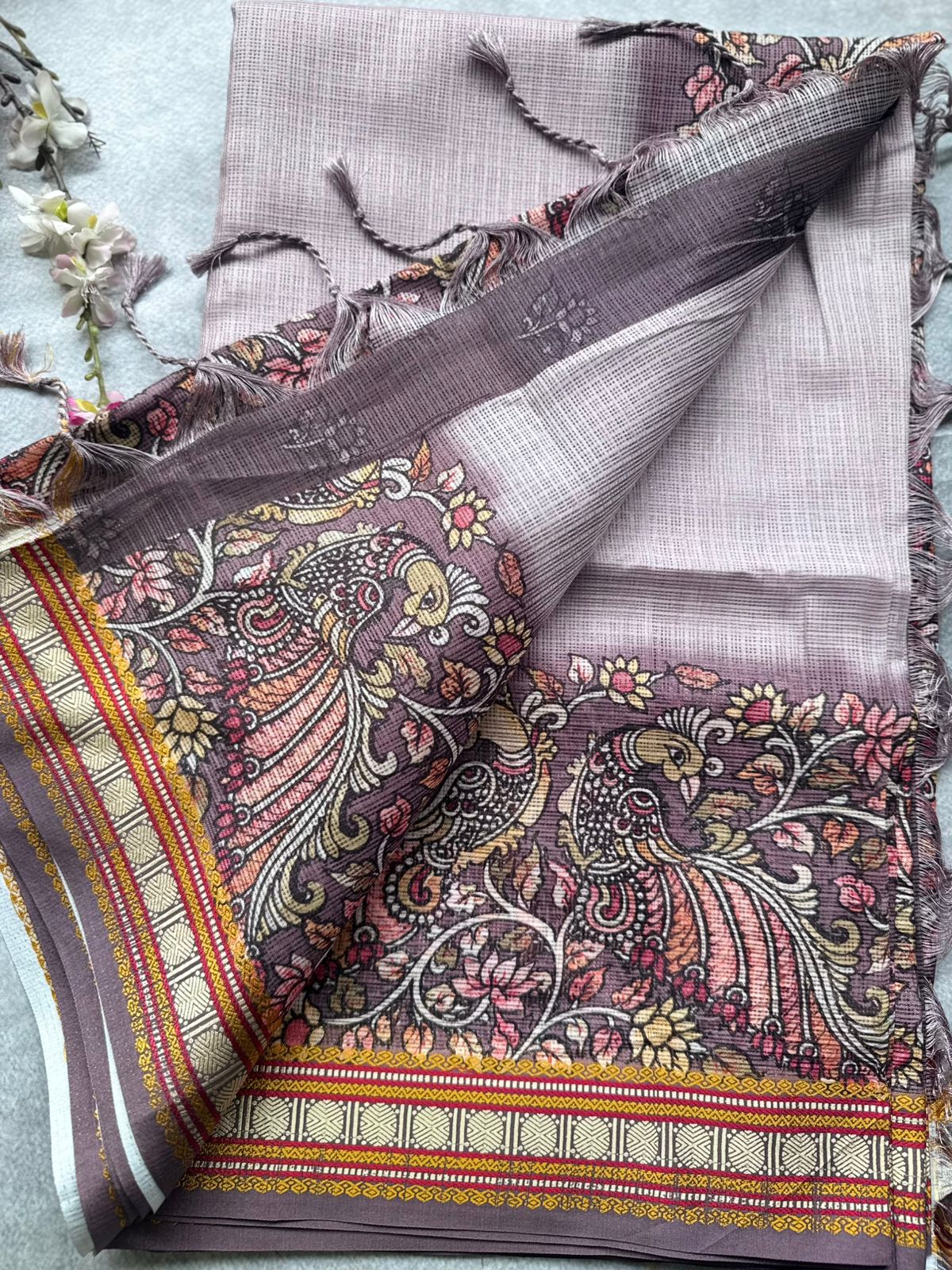White Lilac Kalamkari Jute Linen Saree 109