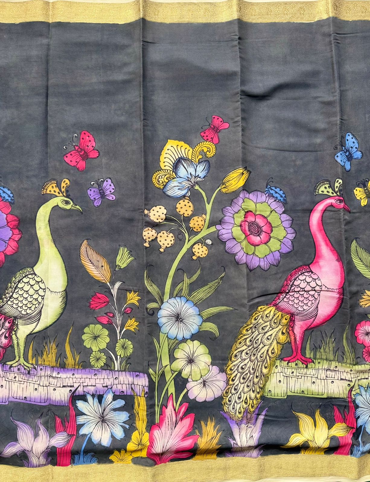 Grey Kalamkari Handpainted Pure Mysore Crepe Silk Saree 109