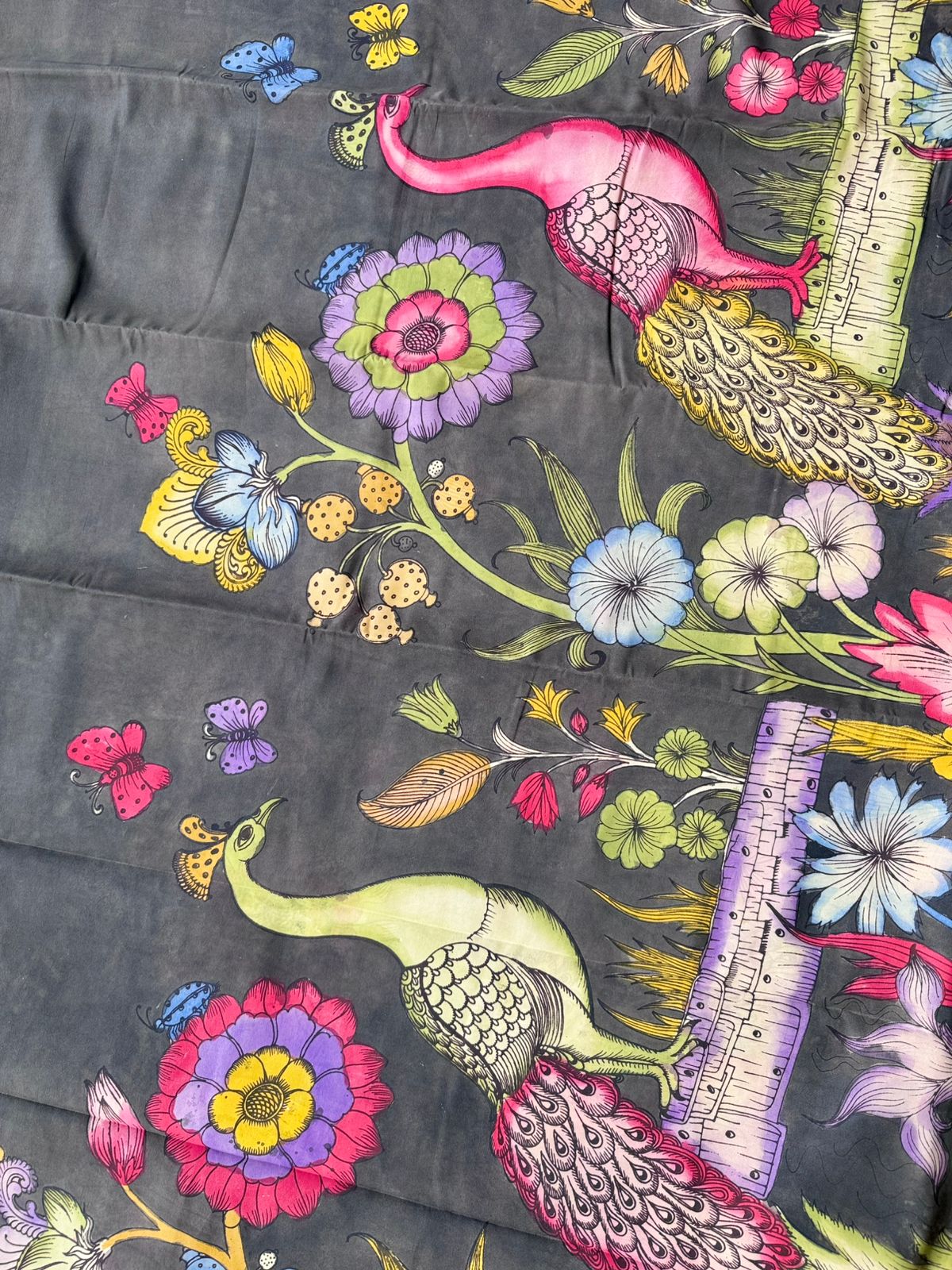 Grey Kalamkari Handpainted Pure Mysore Crepe Silk Saree 109
