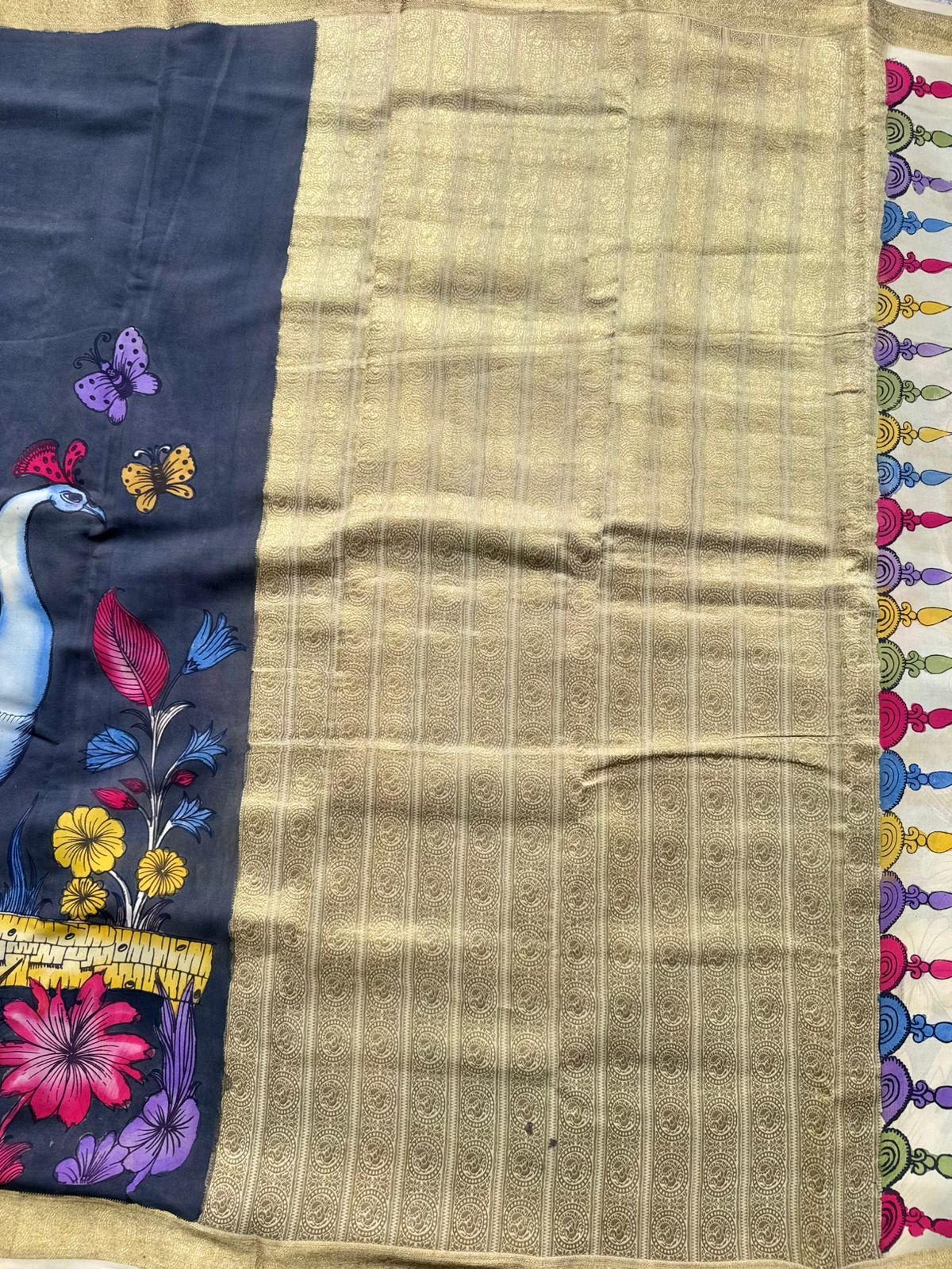 Grey Kalamkari Handpainted Pure Mysore Crepe Silk Saree 109
