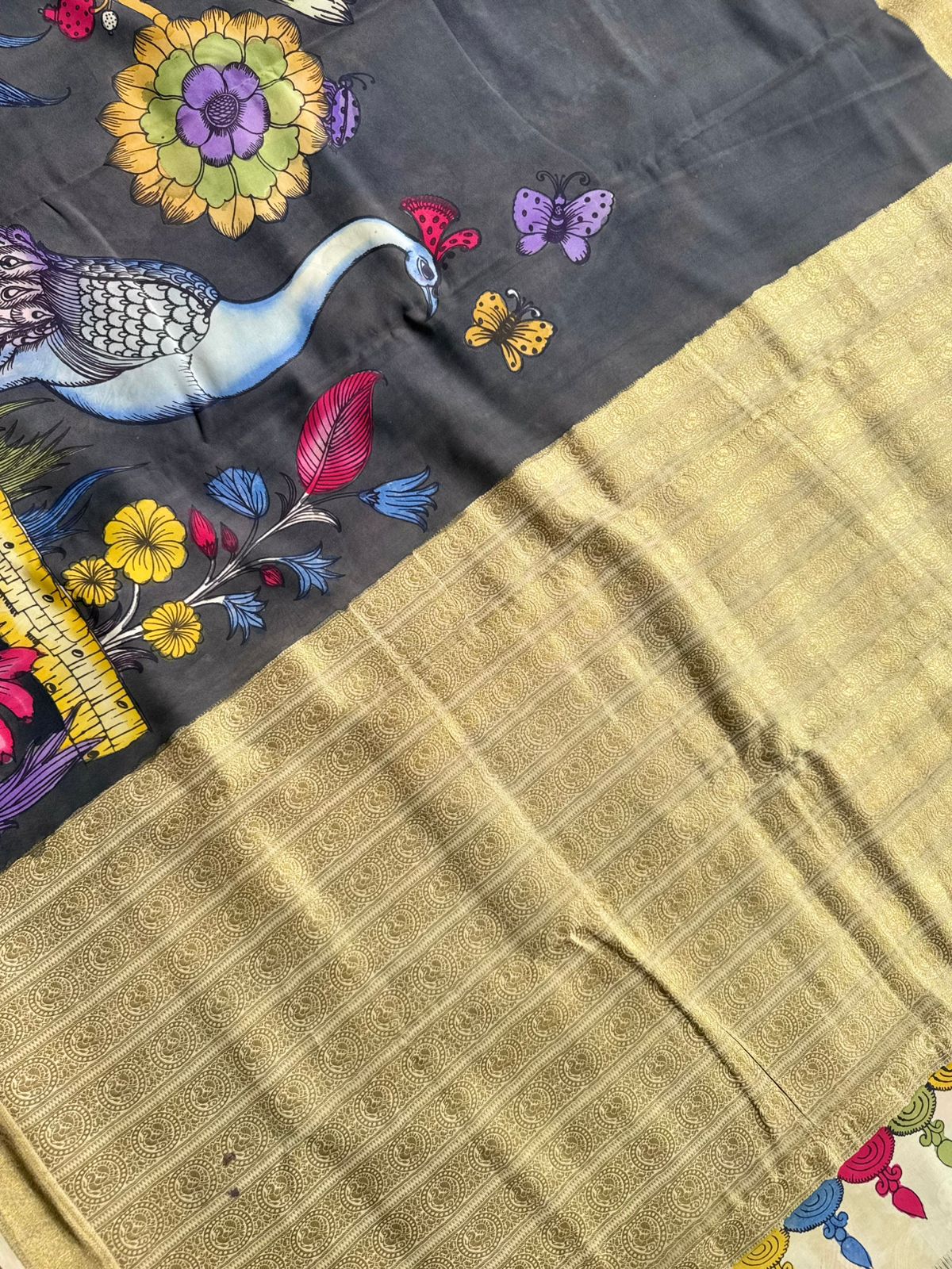Grey Kalamkari Handpainted Pure Mysore Crepe Silk Saree 109