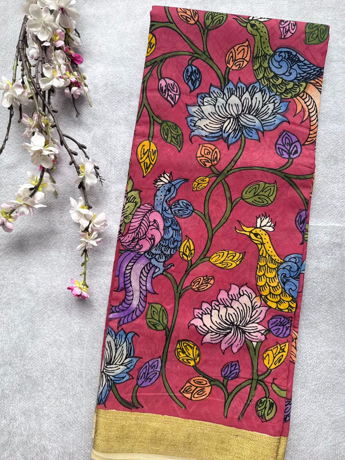 Red Kalamkari Handpainted Pure Mysore Crepe Silk Saree 109