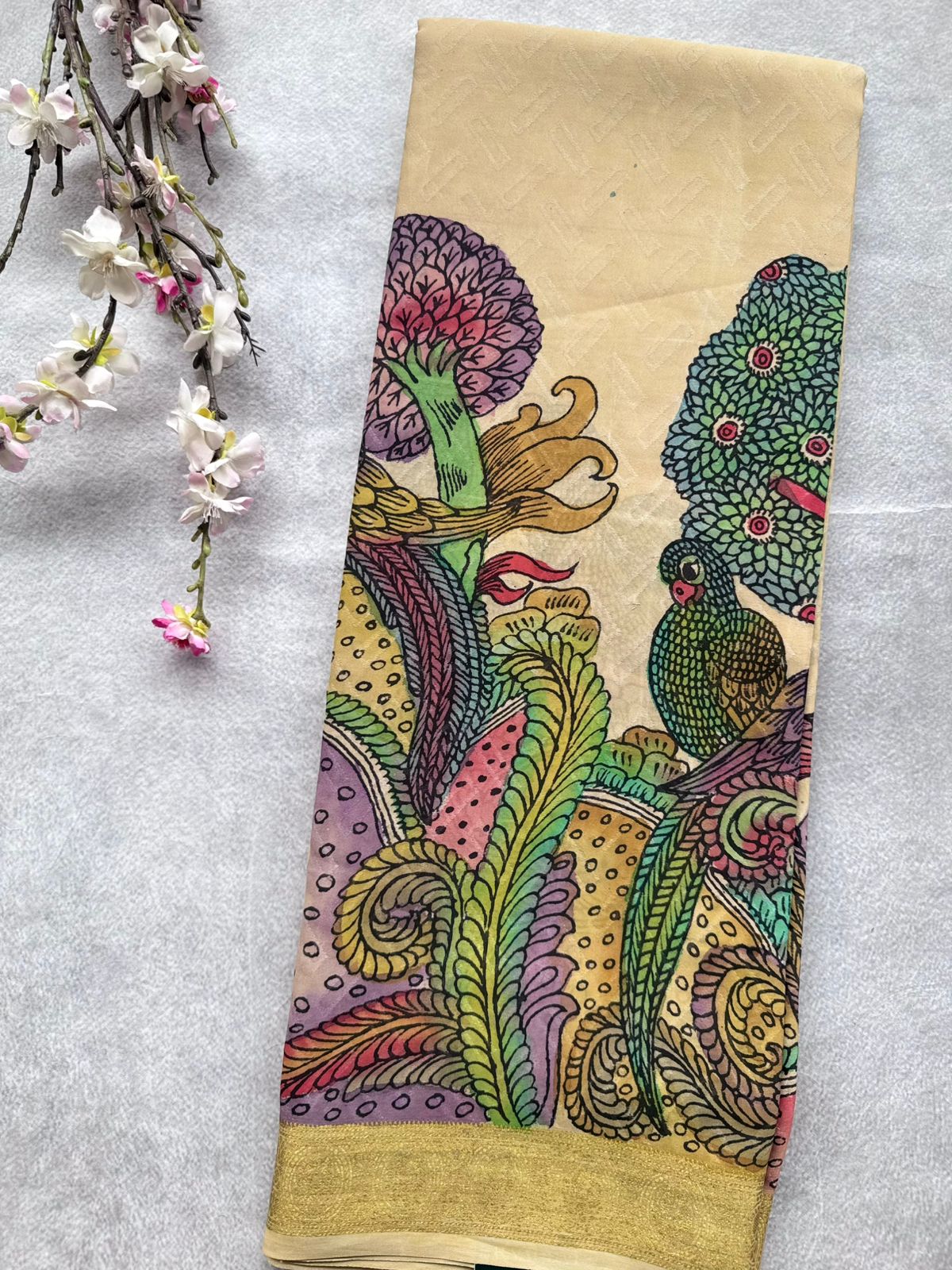 Cream Kalamkari Handpainted Pure Mysore Crepe Silk Saree 109