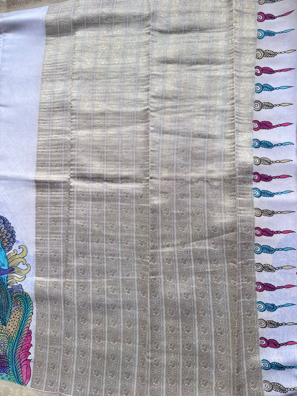 Cream Kalamkari Handpainted Pure Mysore Crepe Silk Saree 109