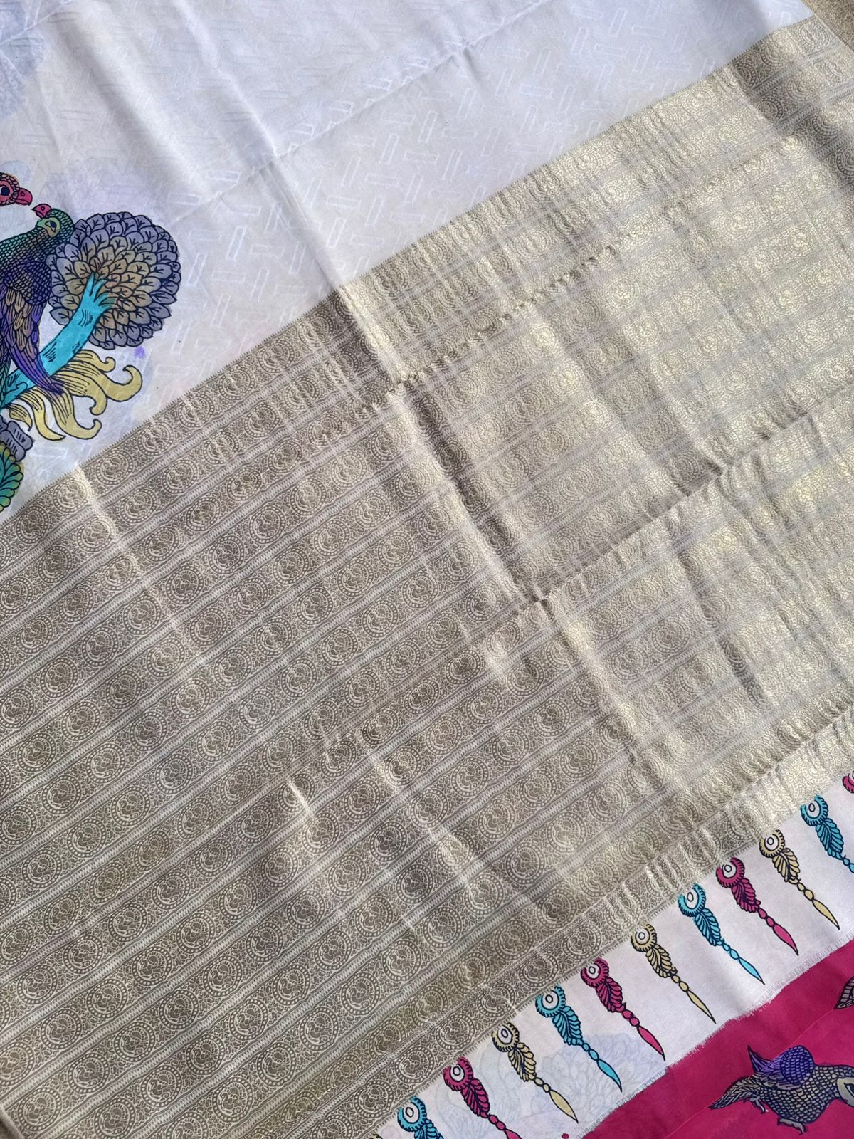 Cream Kalamkari Handpainted Pure Mysore Crepe Silk Saree 109