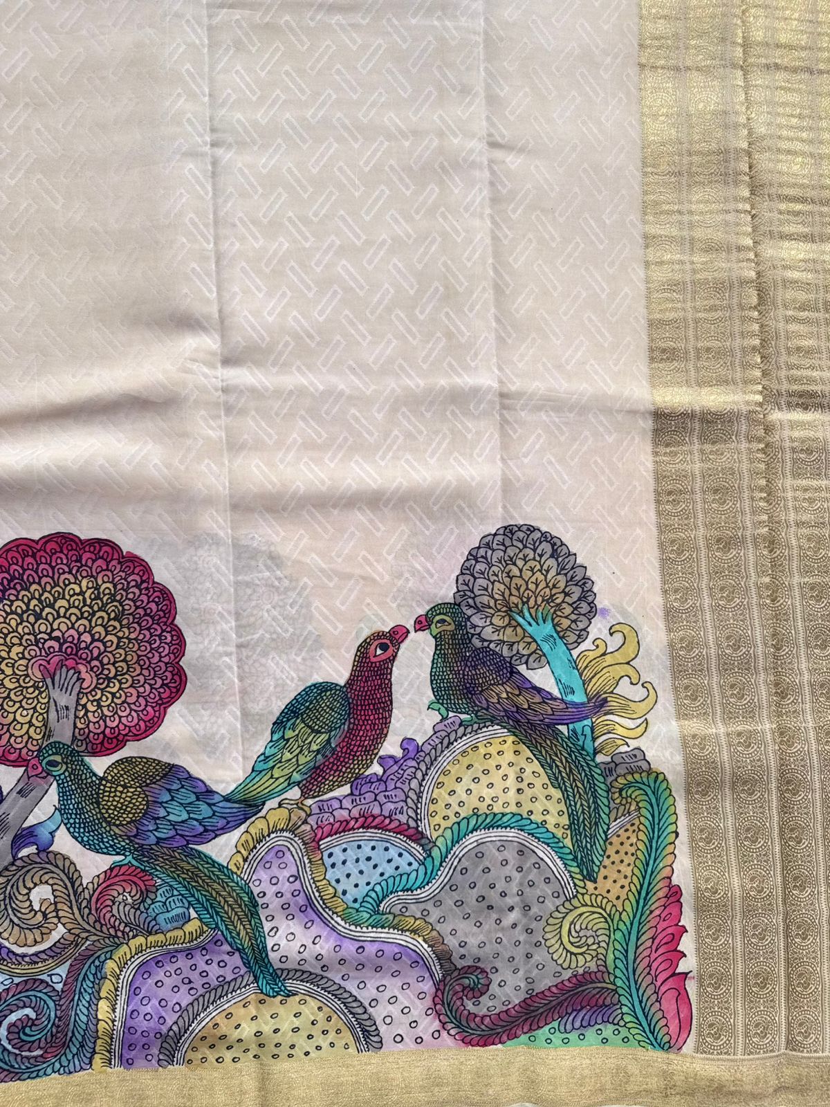 Cream Kalamkari Handpainted Pure Mysore Crepe Silk Saree 109