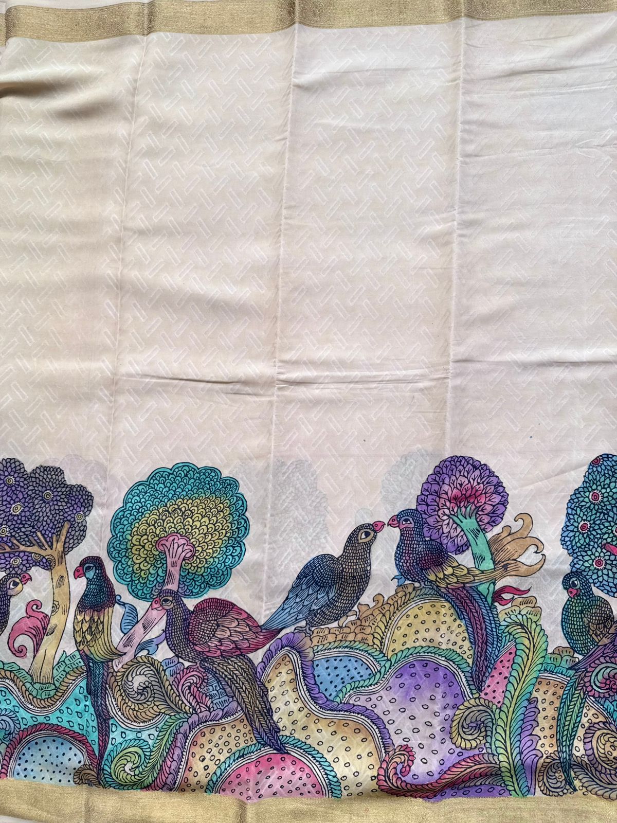 Cream Kalamkari Handpainted Pure Mysore Crepe Silk Saree 109