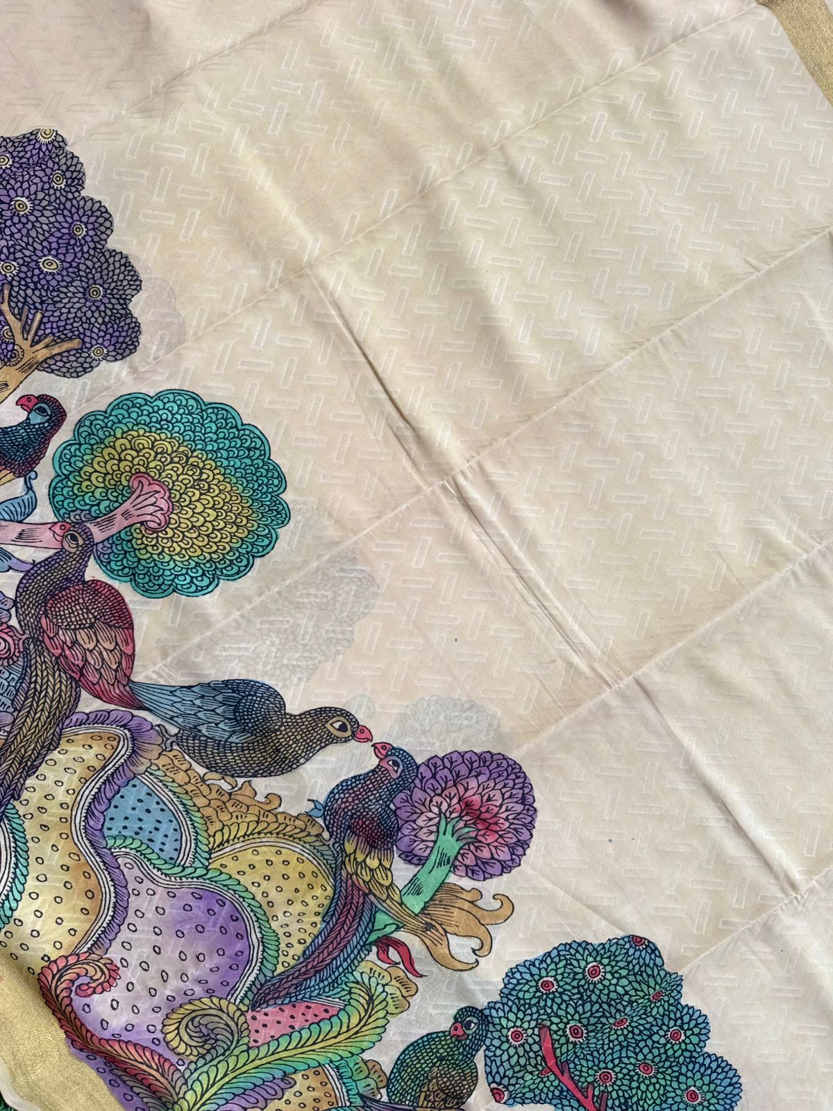 Cream Kalamkari Handpainted Pure Mysore Crepe Silk Saree 109