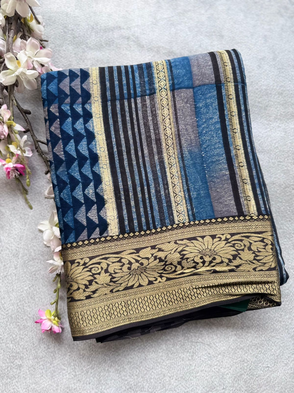Navy Blue Pure Mysore Crepe Silk Saree (Swara)
