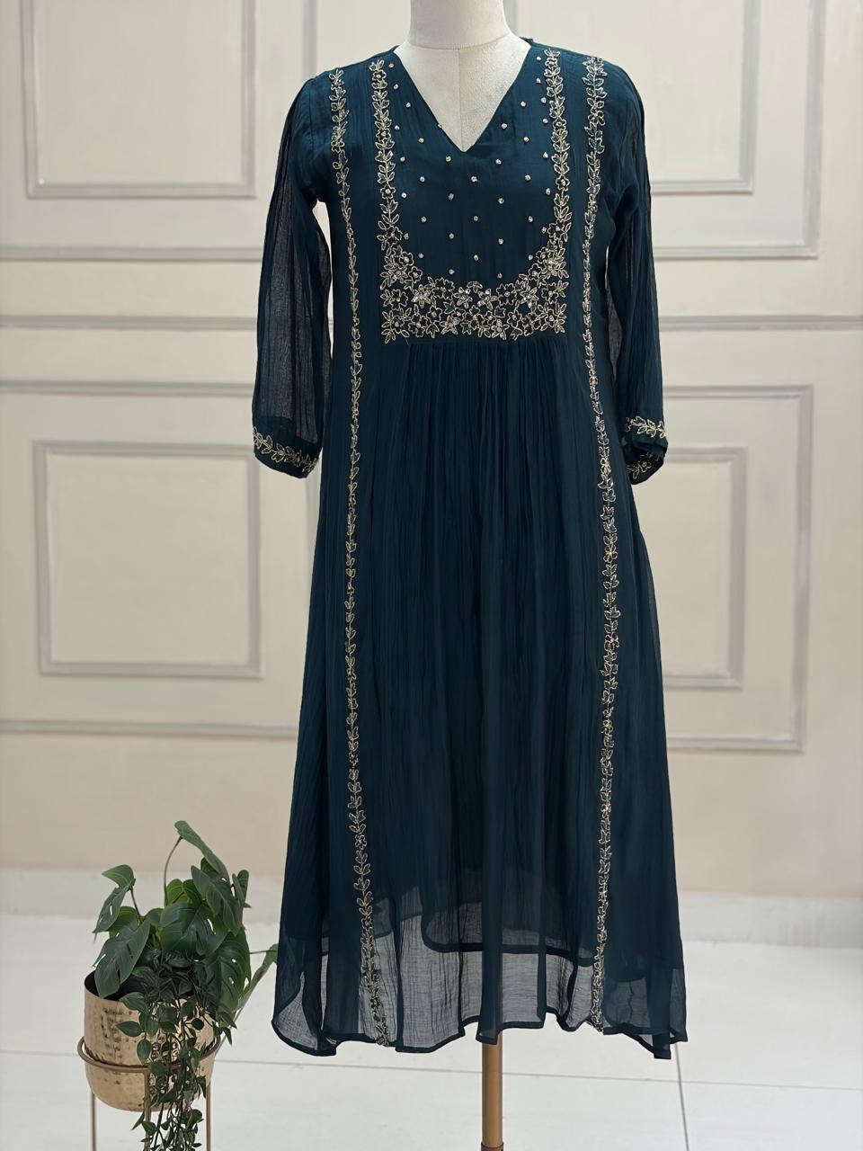 Peacock Blue Mul Chanderi silk Kurtha suit with work hand embroidery 898
