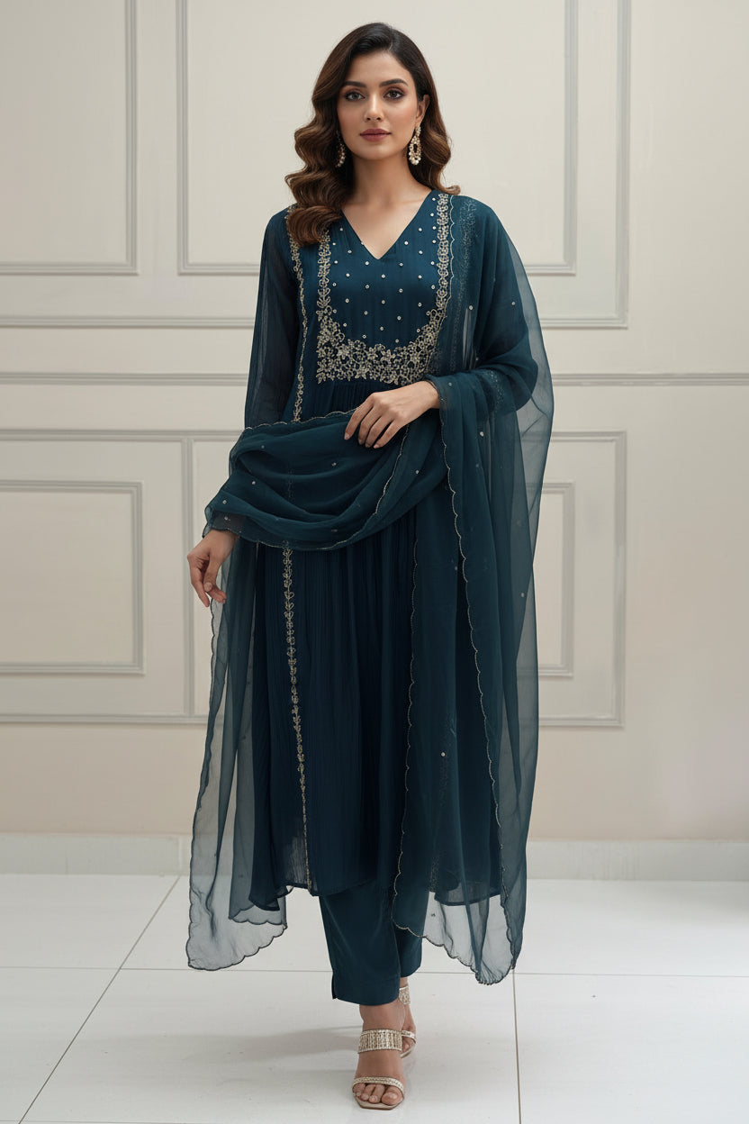 “ Pari” Peacock Blue Mul Chanderi silk Kurtha suit with work hand embroidery 898