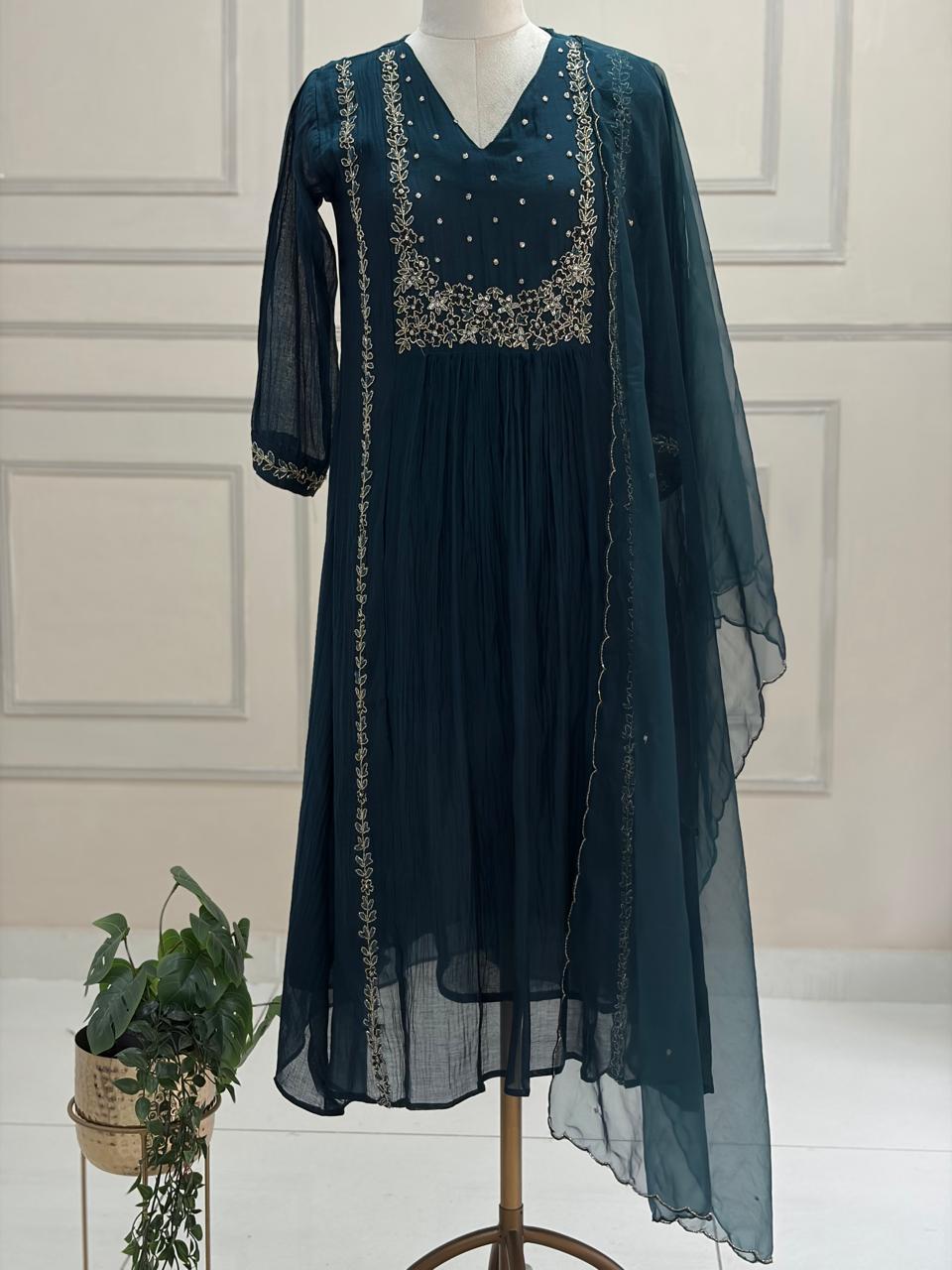 Peacock Blue Mul Chanderi silk Kurtha suit with work hand embroidery 898