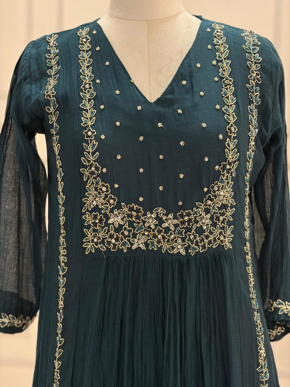 Peacock Blue Mul Chanderi silk Kurtha suit with work hand embroidery 898