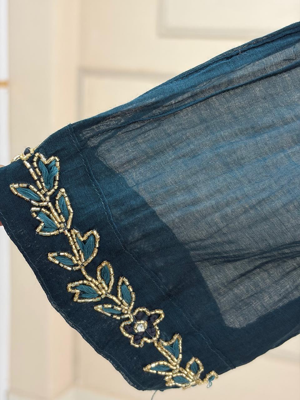 Peacock Blue Mul Chanderi silk Kurtha suit with work hand embroidery 898