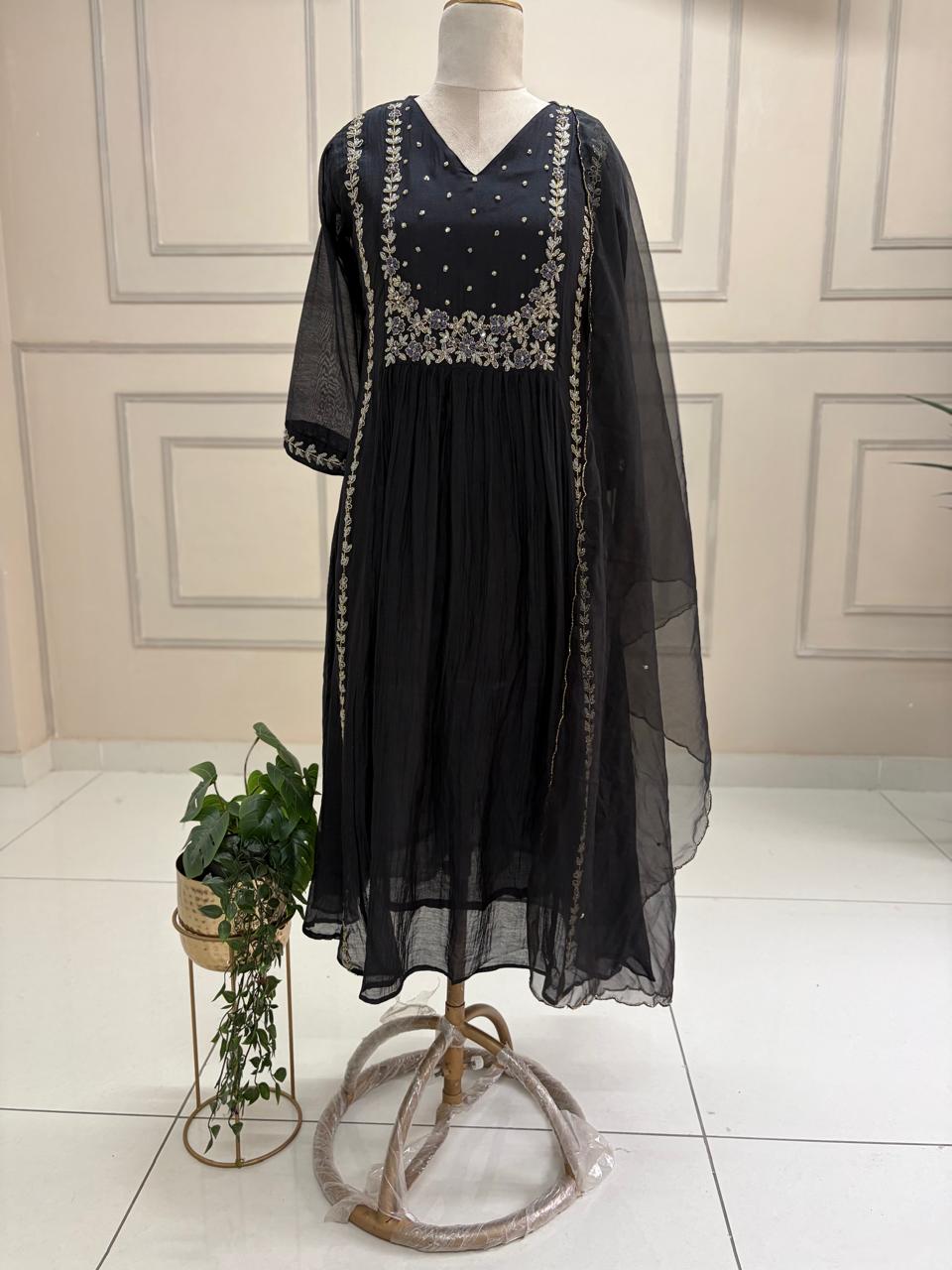 Black Mul Chanderi silk Kurtha suit with work hand embroidery 898