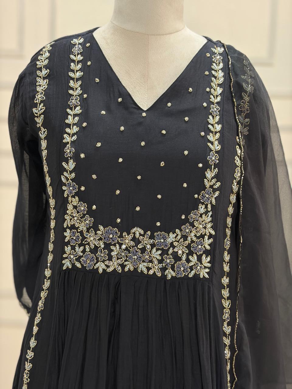 Black Mul Chanderi silk Kurtha suit with work hand embroidery 898