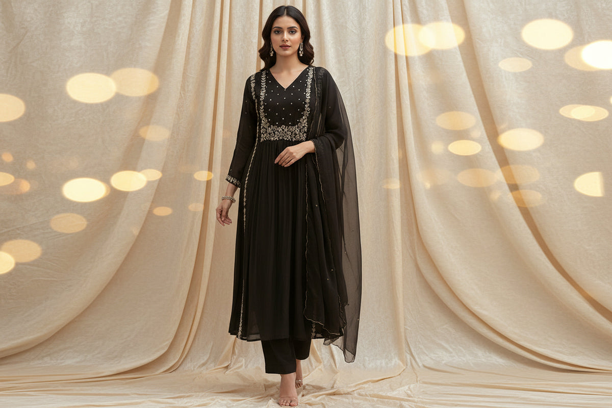 “ Pari” Black Mul Chanderi silk Kurtha suit with work hand embroidery 898