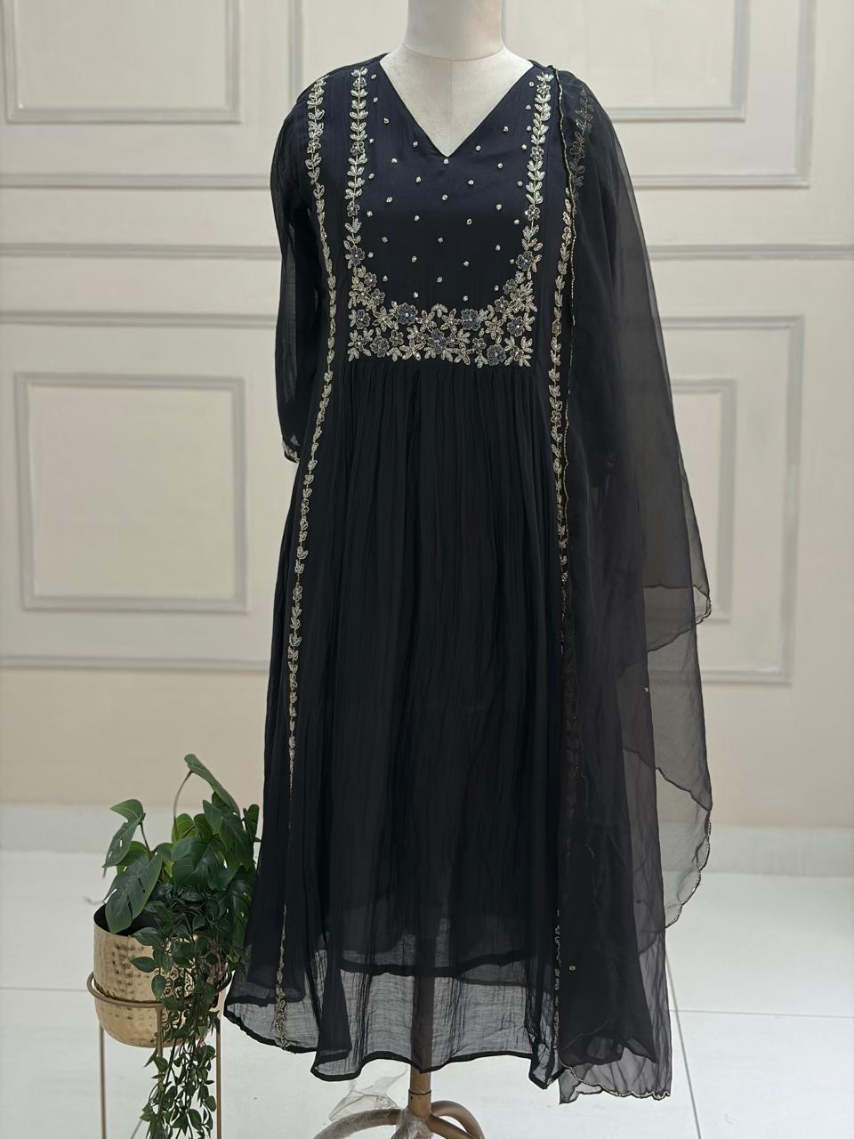 Black Mul Chanderi silk Kurtha suit with work hand embroidery 898