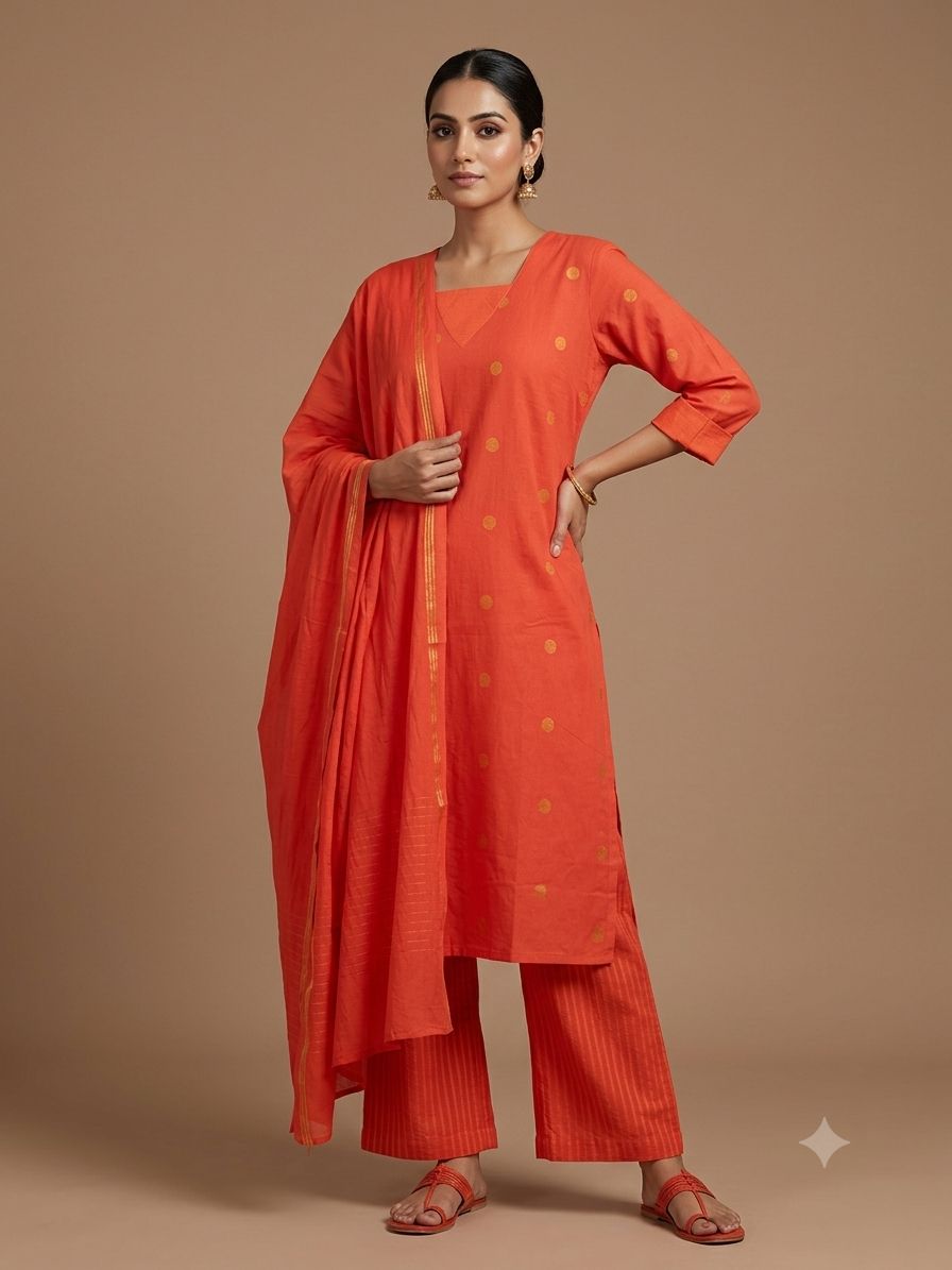 Orange Cotton Straight Fit Gold Zari Butta Kurtha 721