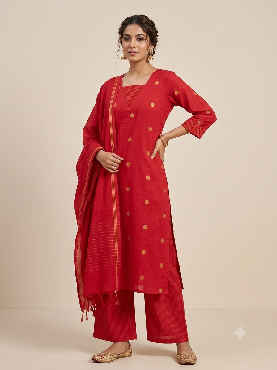 Red Cotton Straight Fit Gold Zari Butta Kurtha 721