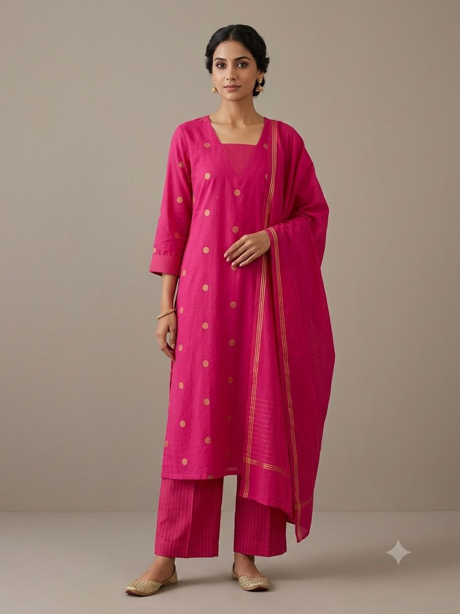 Pink Cotton Straight Fit Gold Zari Butta Kurtha 721