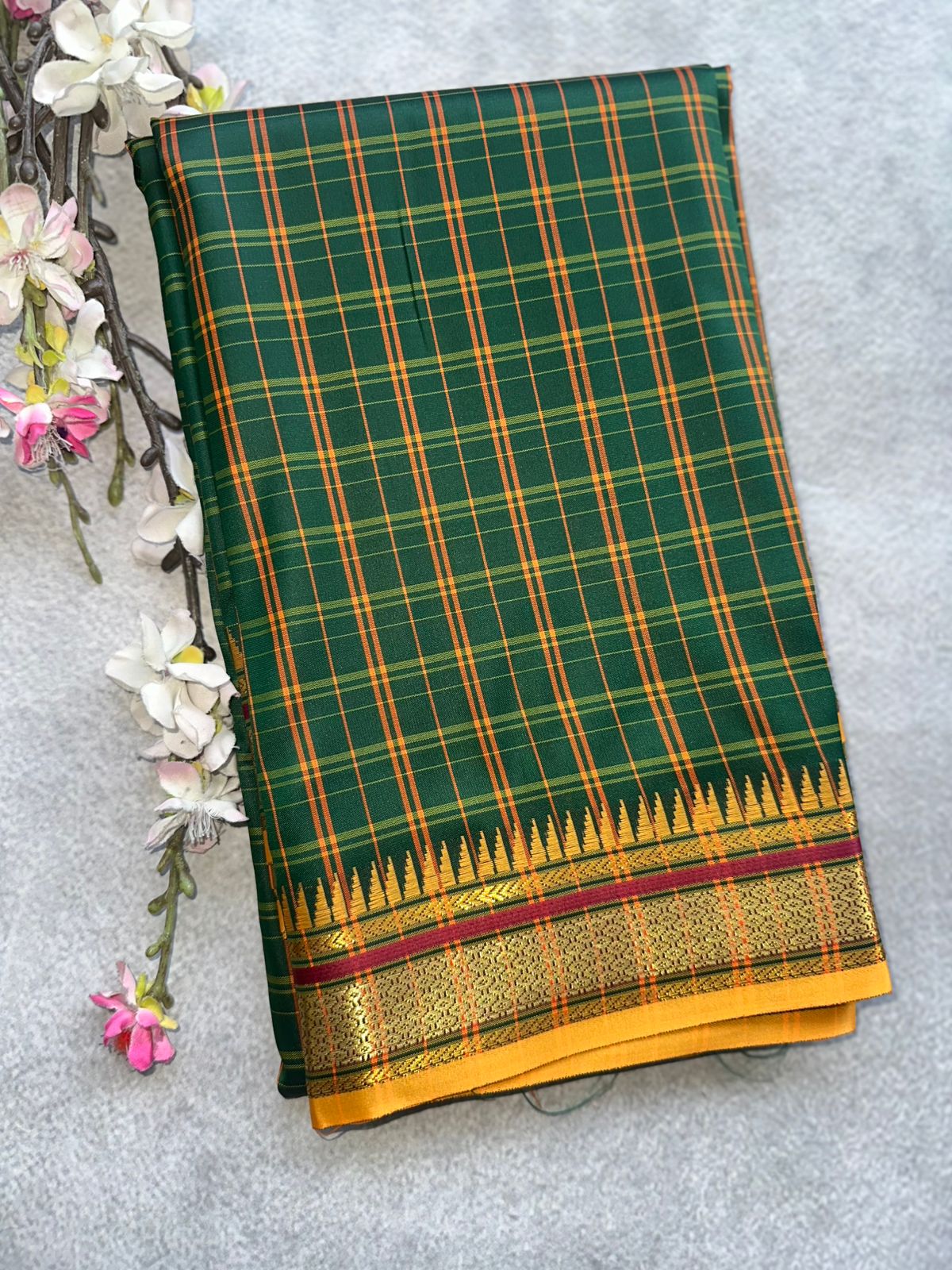 Bottle Green Checks Semi Silk Saree 109