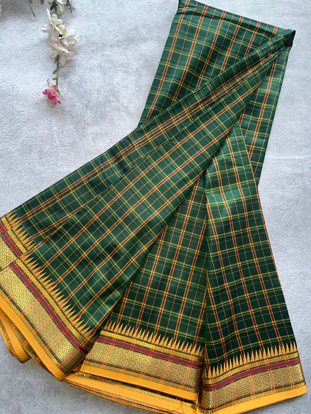 Bottle Green Checks Semi Silk Saree 109