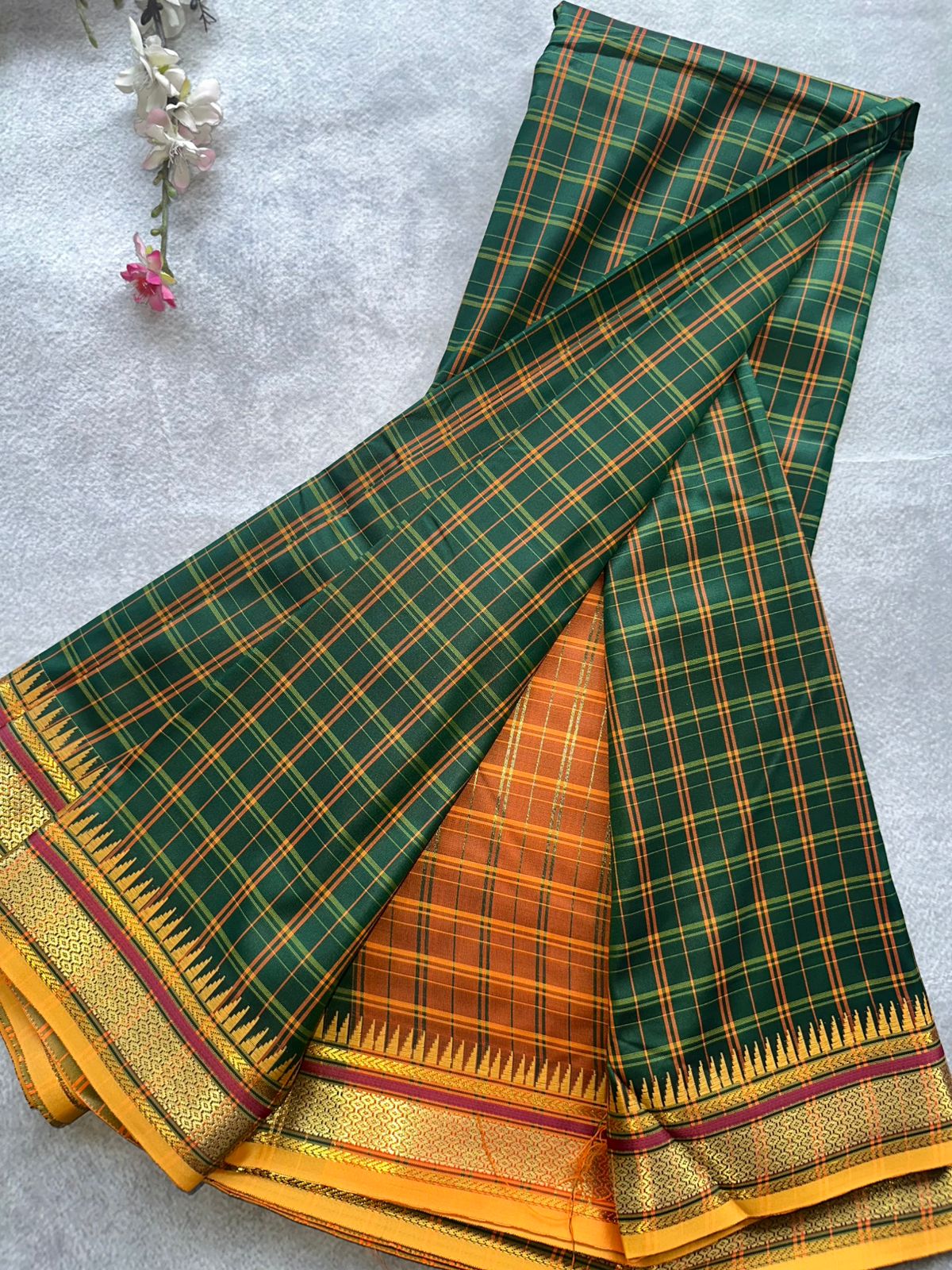Bottle Green Checks Semi Silk Saree 109