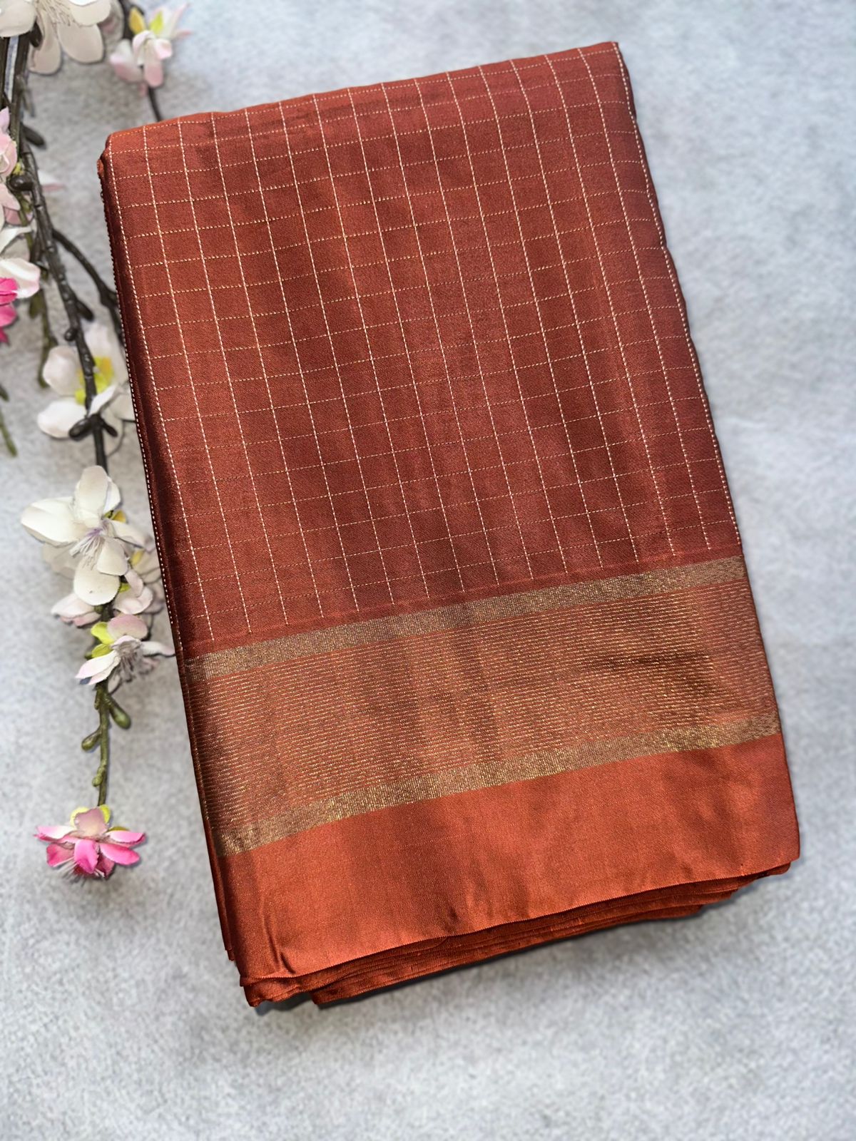 Copper Brown Checks Semi Silk Saree 109