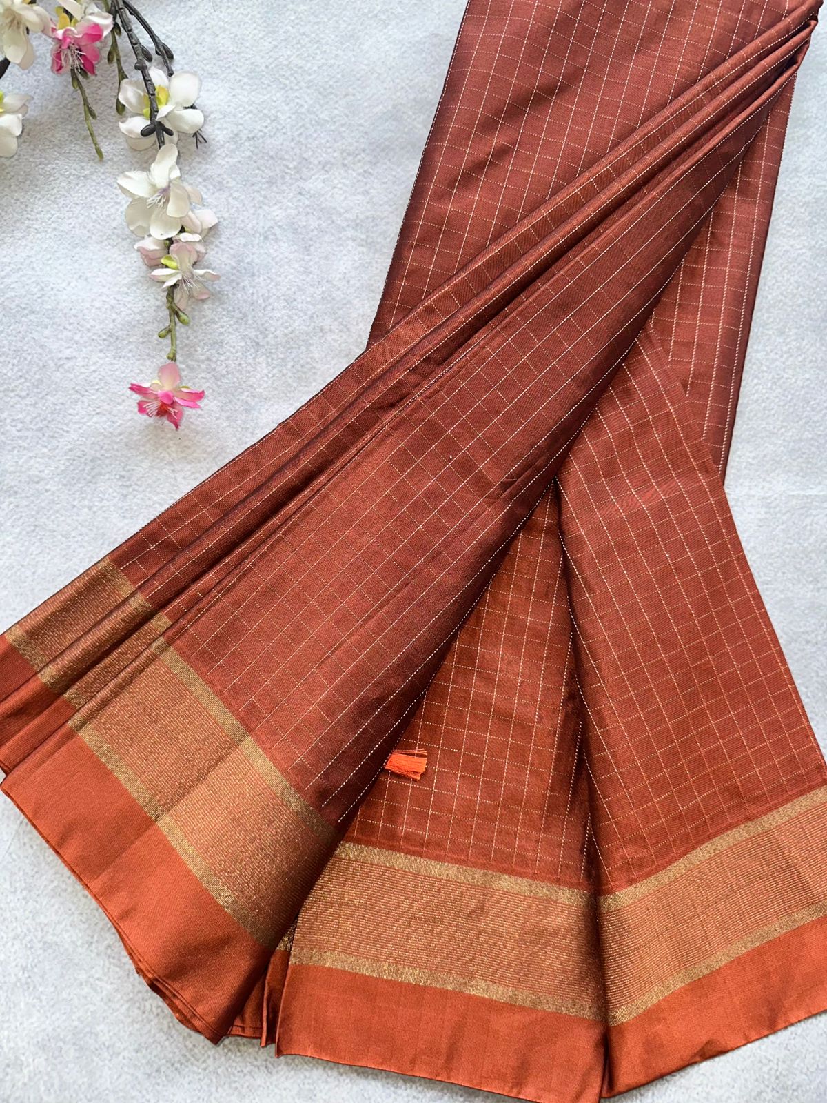 Copper Brown Checks Semi Silk Saree 109