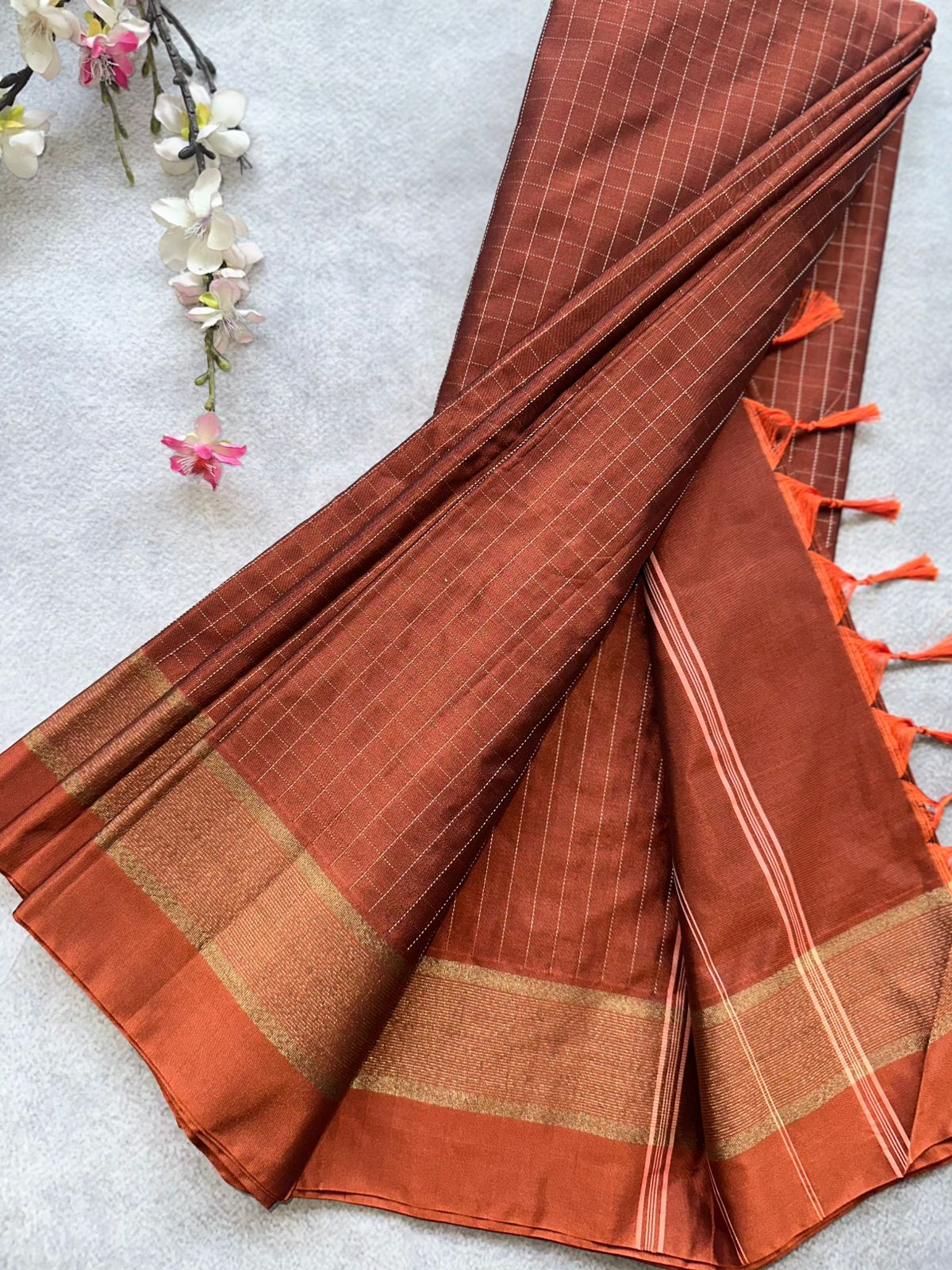 Copper Brown Checks Semi Silk Saree 109
