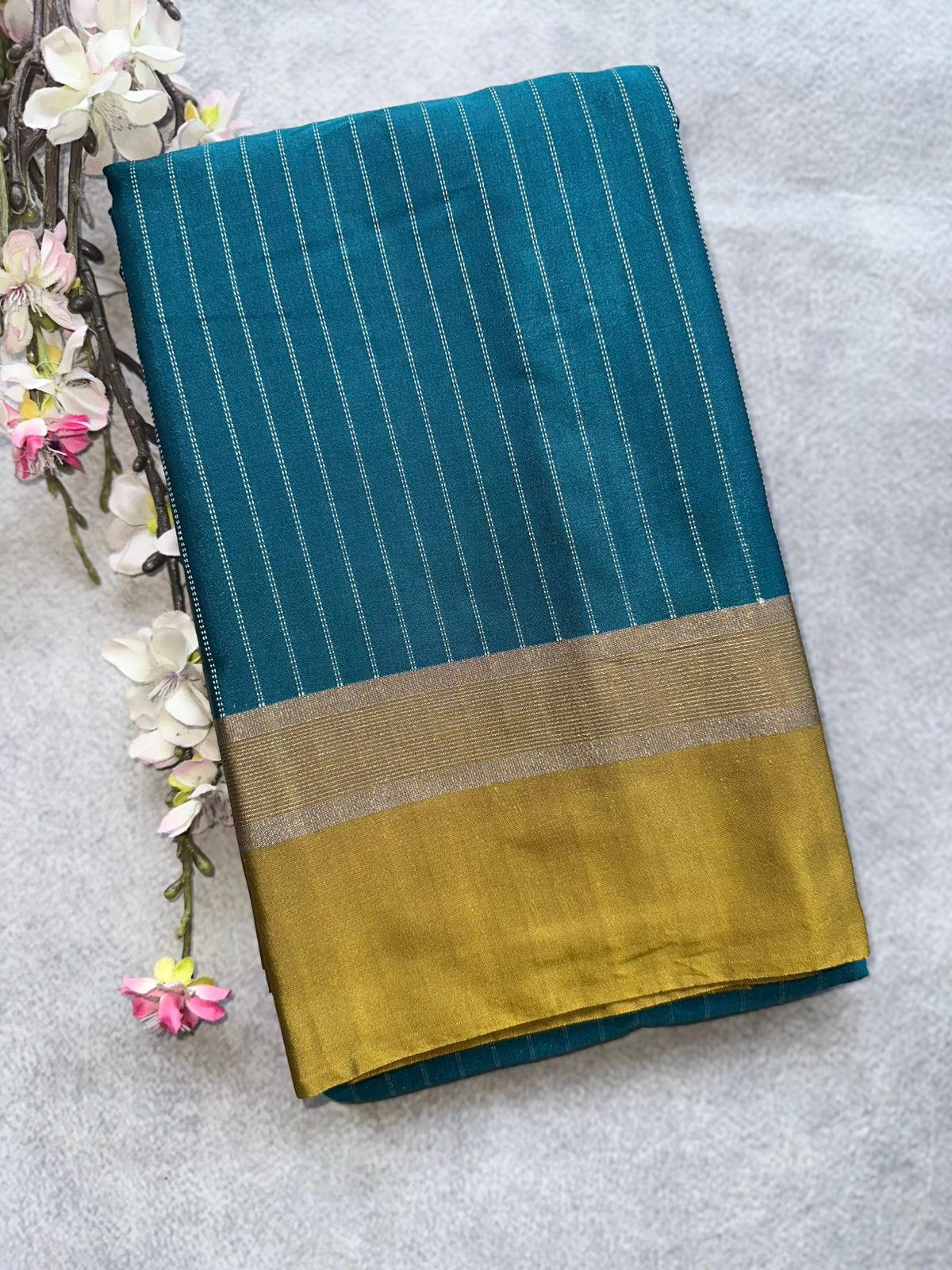 Peacock Blue Stripes Semi Silk Saree 109