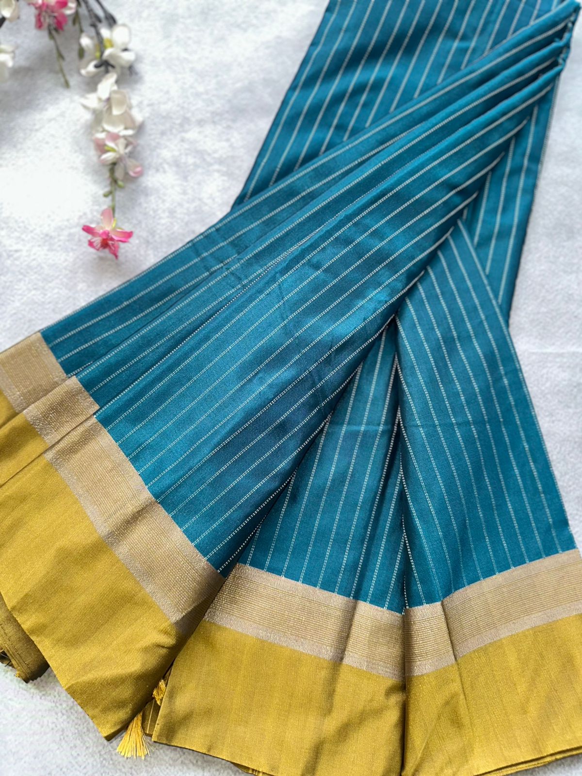 Peacock Blue Stripes Semi Silk Saree 109