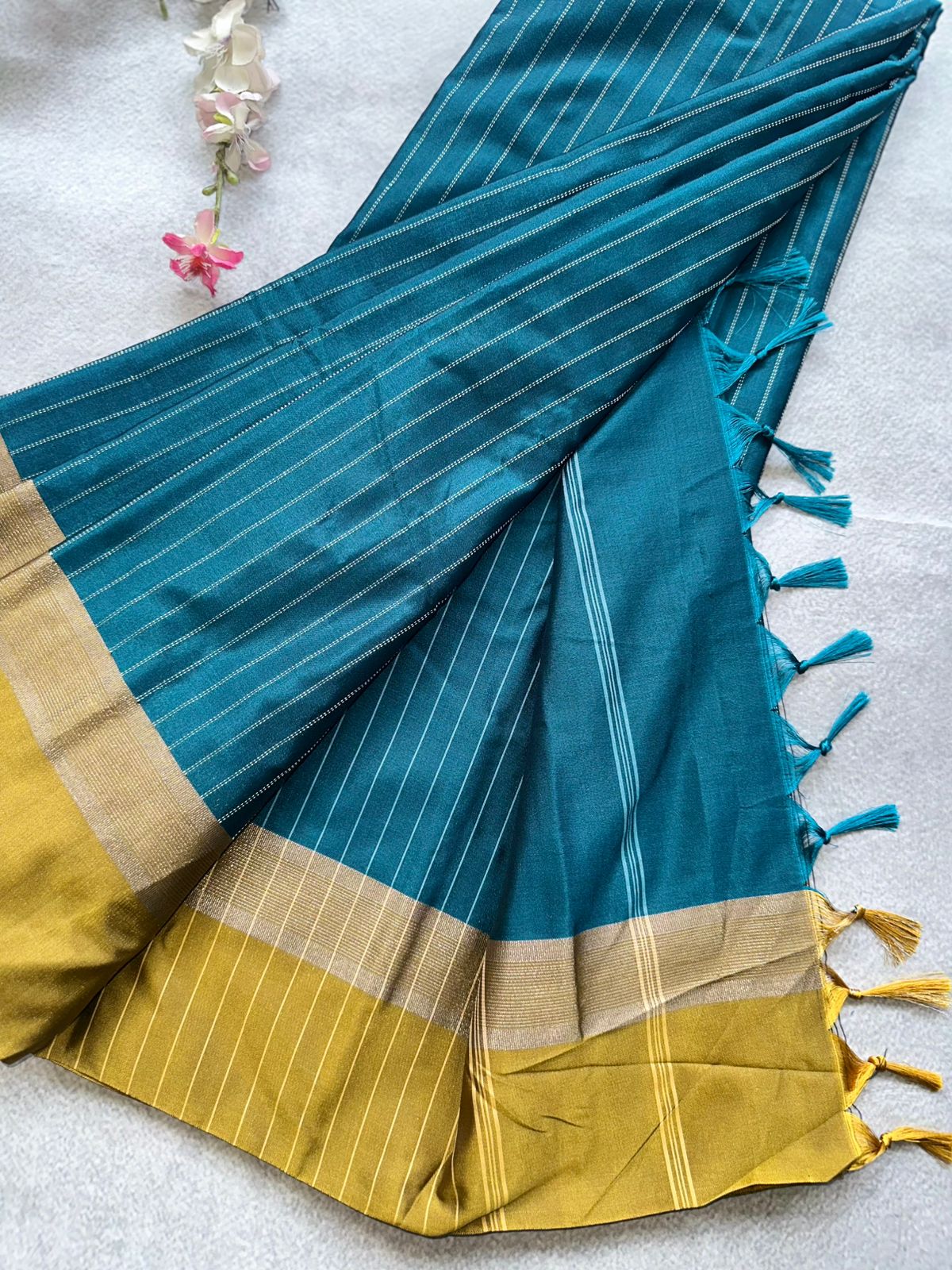 Peacock Blue Stripes Semi Silk Saree 109