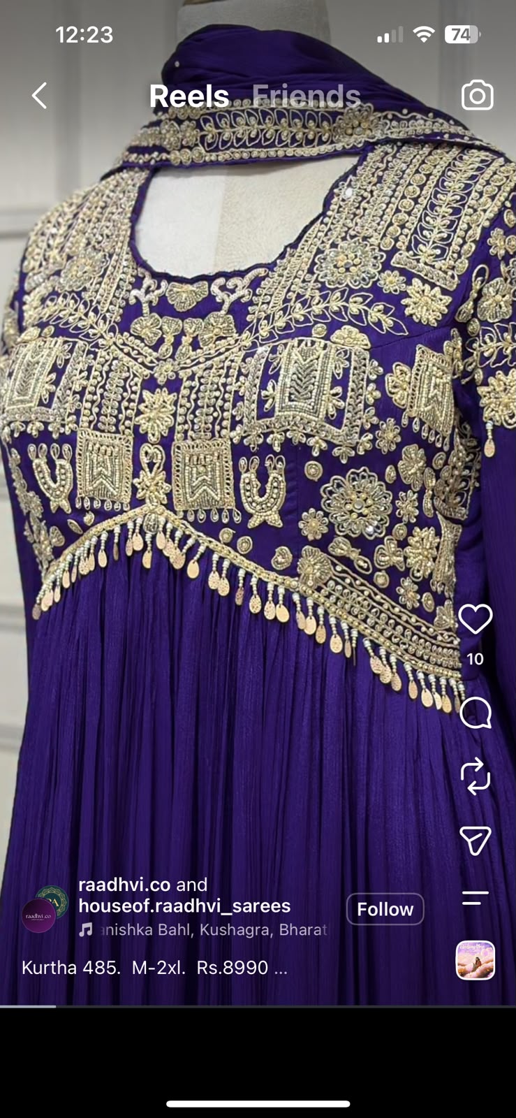 Purple Anarkali Chinnon Handwork Partyware Kurtha 143