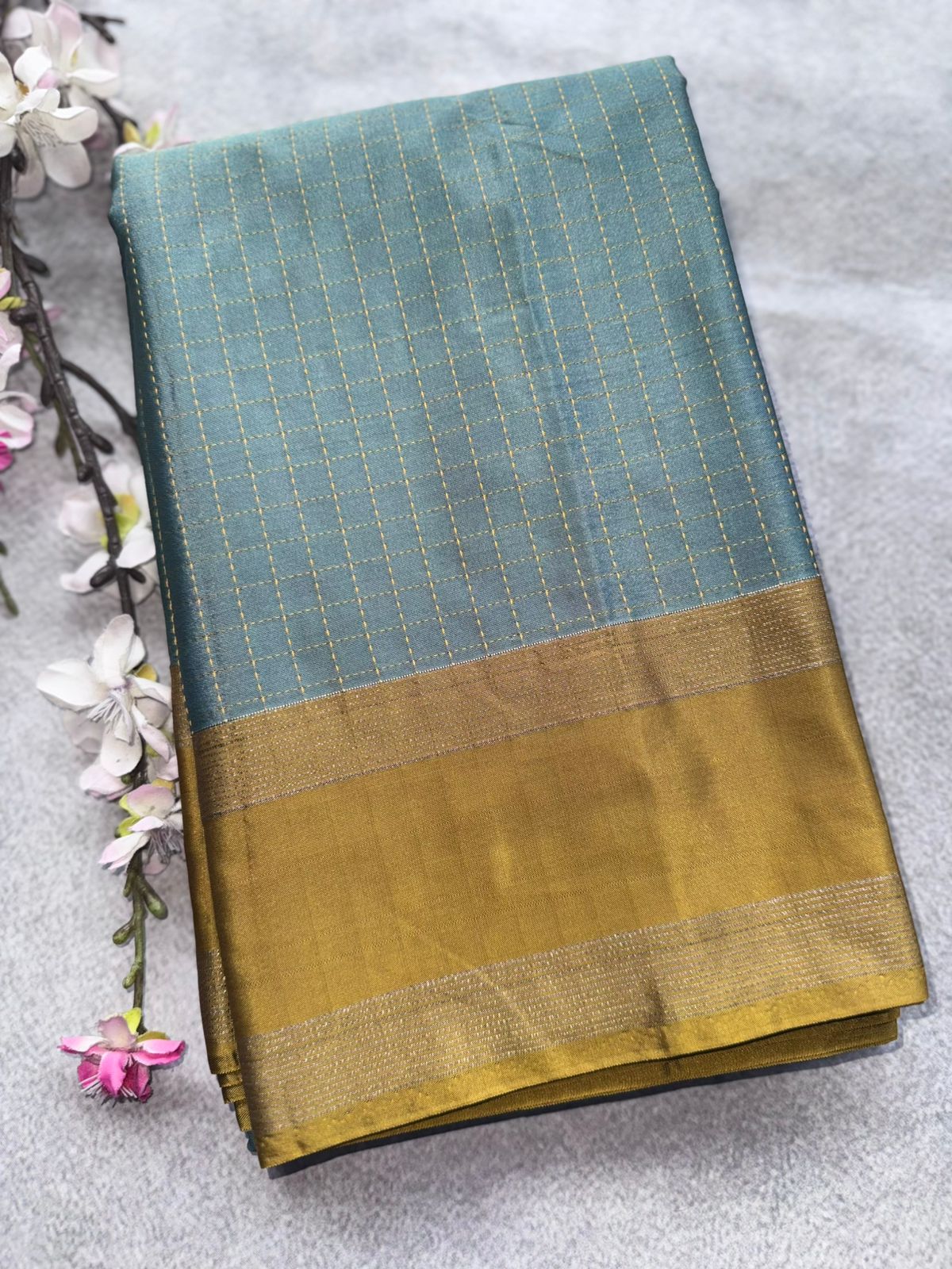 Pastel Teal Checks Semi Silk Saree 109