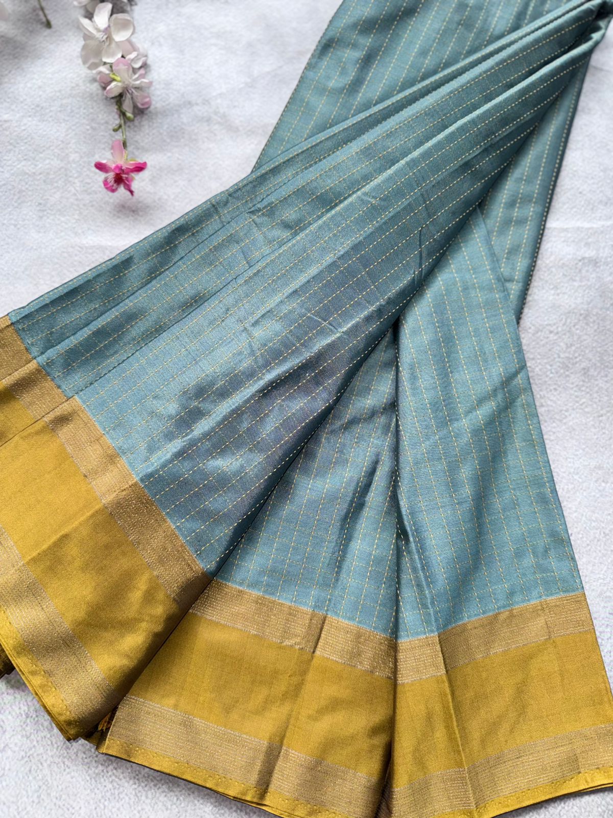 Pastel Teal Checks Semi Silk Saree 109
