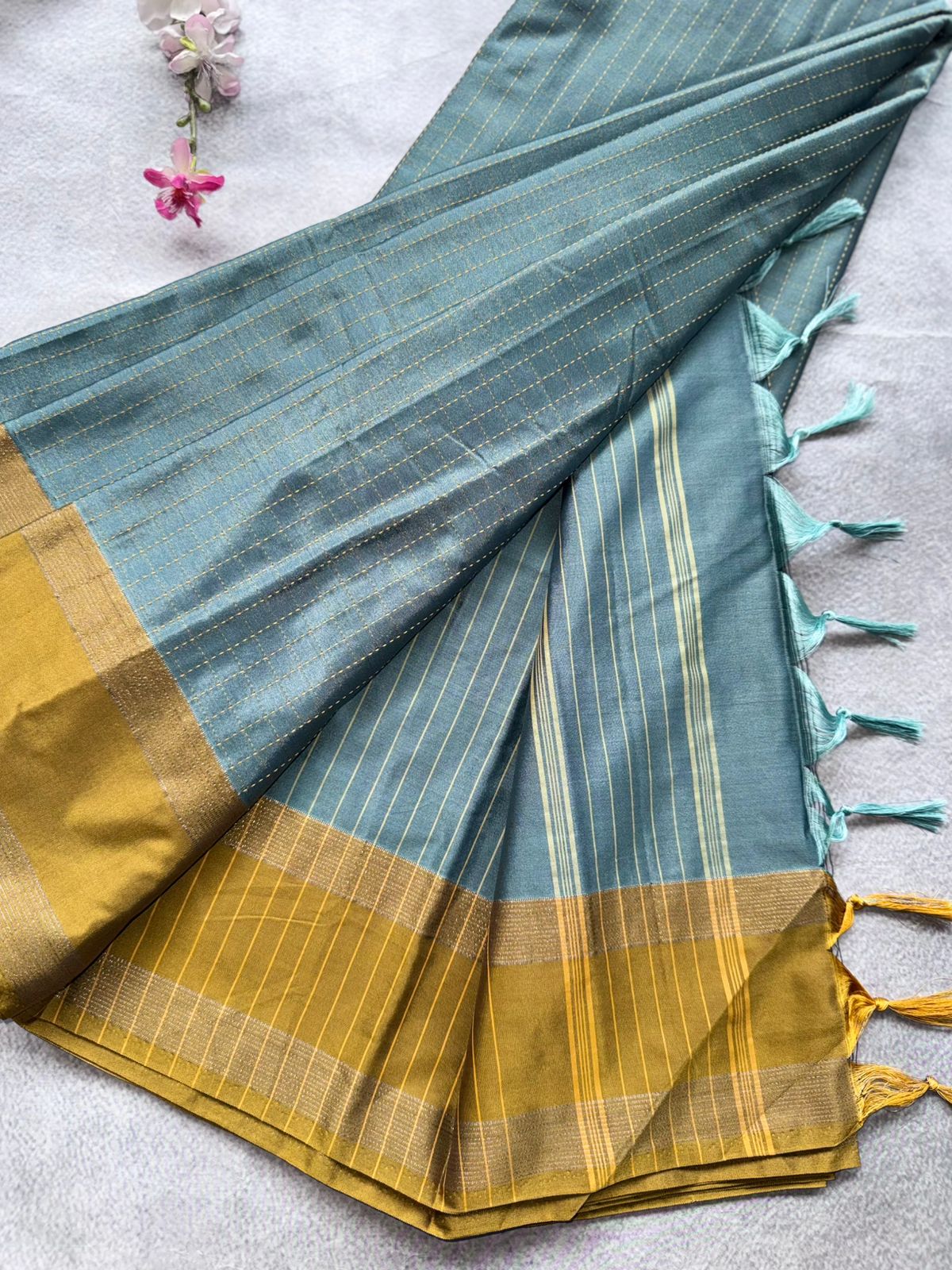 Pastel Teal Checks Semi Silk Saree 109